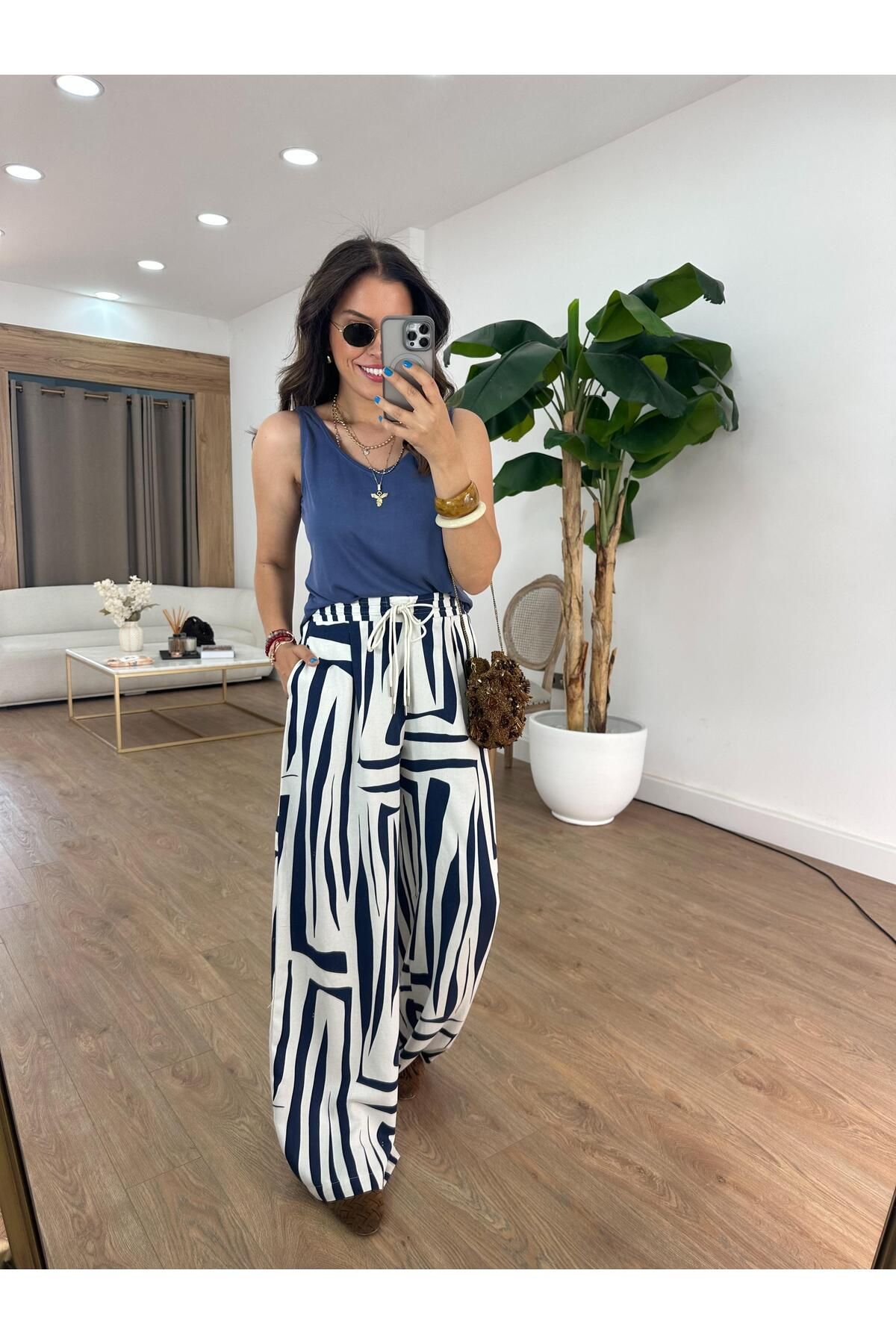 2she Beli Bağcıklı Bol Paça Pantolon - Mavi