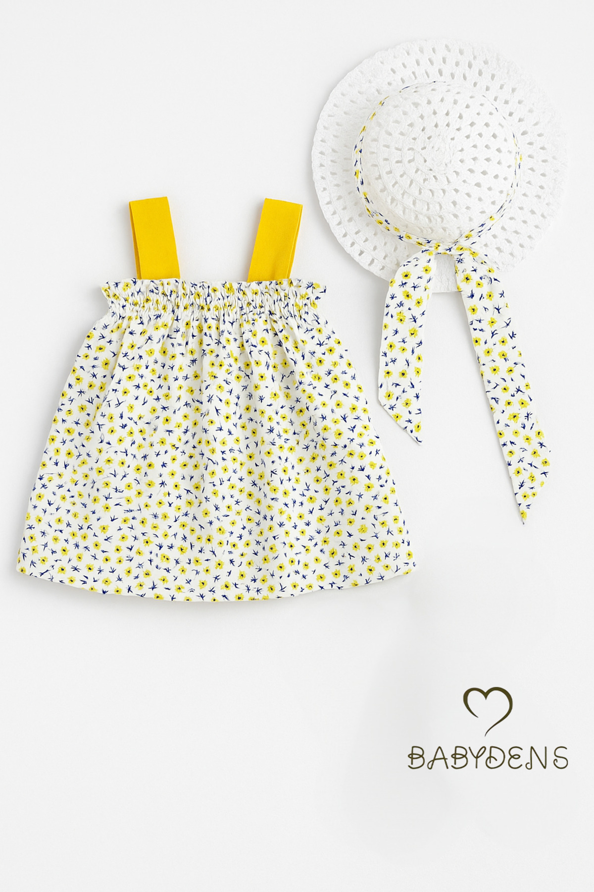 BABYDEN'S Kız Bebek Çiçek Desenli Fiyonklu Yazlık Elbise Şapkalı Takım Pamuklu Sarı Çiçekli Bebek Kombini fotoğrafı 4 (önizleme)