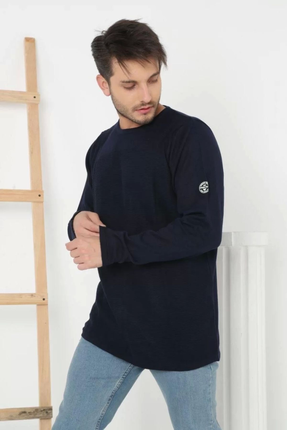 BÜŞRA TEZEL MODA Erkek Biskilet Yaka Kolu Armalı - Lacivert