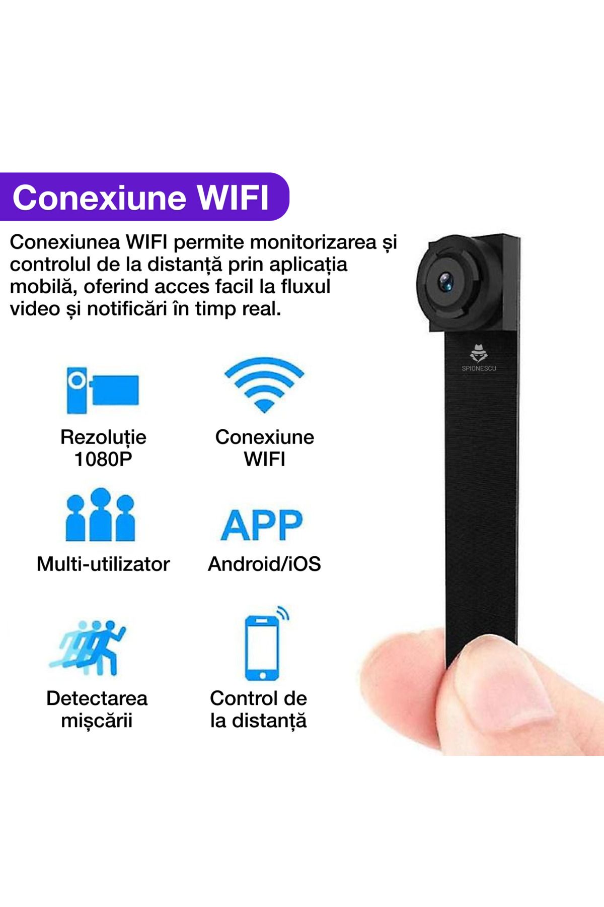 Spionescu-Cameră ascunsă micro, VD06A, WIFI, detectare mișcare, vedere nocturnă, 1080P, Android/iOS, 1000 mAh 4