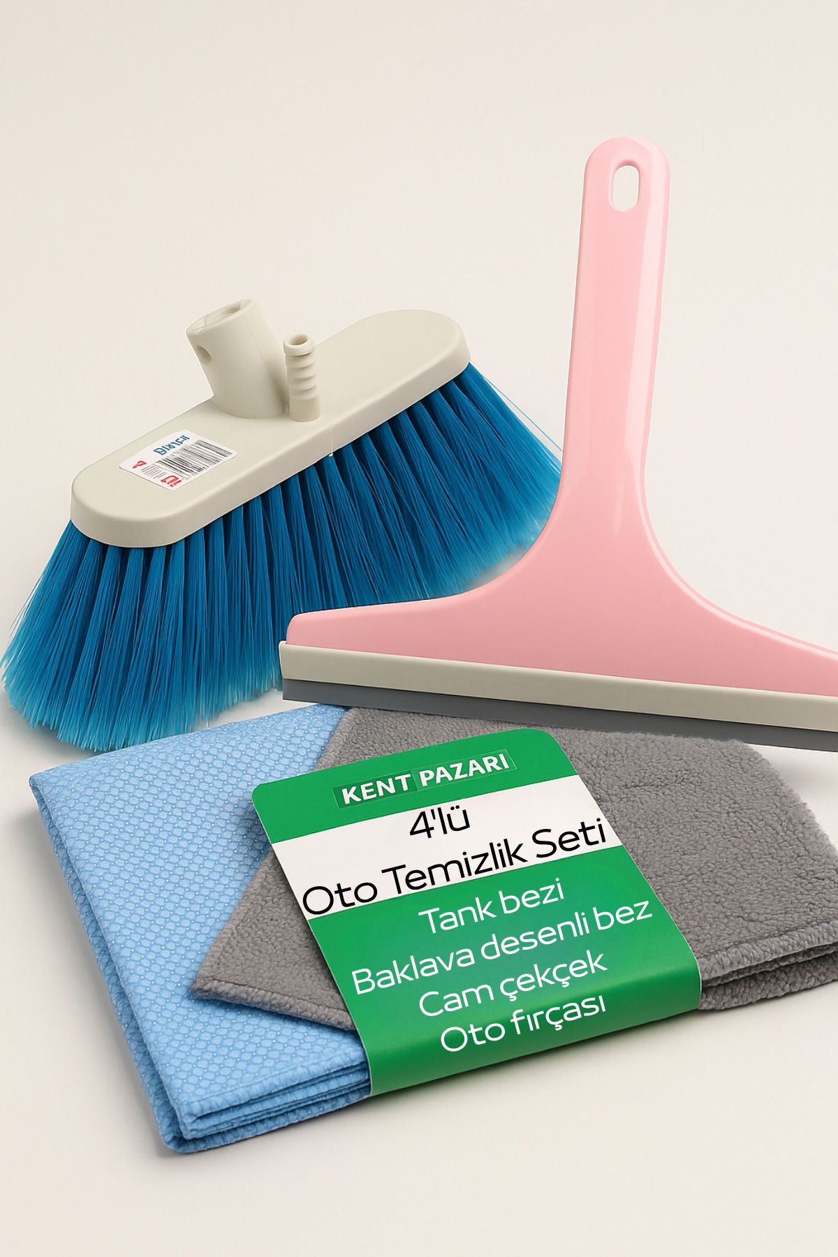 Kent Pazarı 4'lü Oto Temizlik Seti | Mikrofiber Tank Bezi, Cam Bezi, Oto Fırçası ve Çekçek