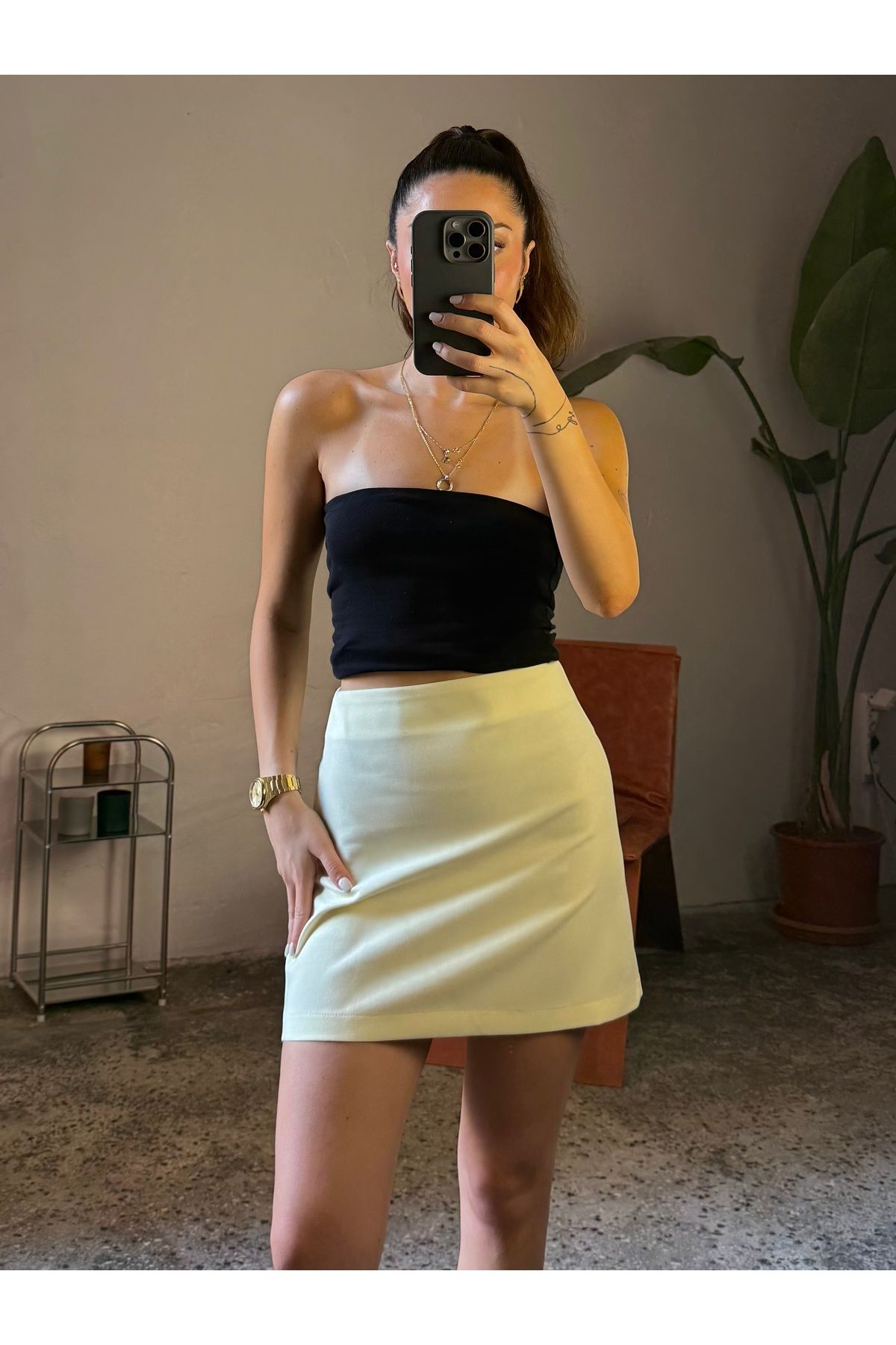 Gallogi Limon Sarı Dokuma Mini Fermuar Kapama Etek