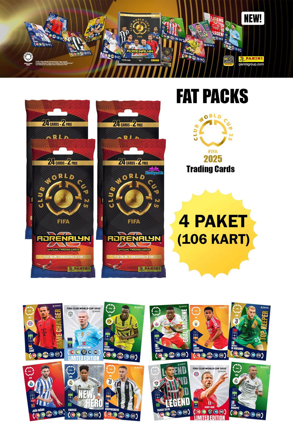 hediyecik Fifa Club World Cup 2025 Fat Pack Tc Paket Futbolcu Kartları 4 Paket (106 Kart)