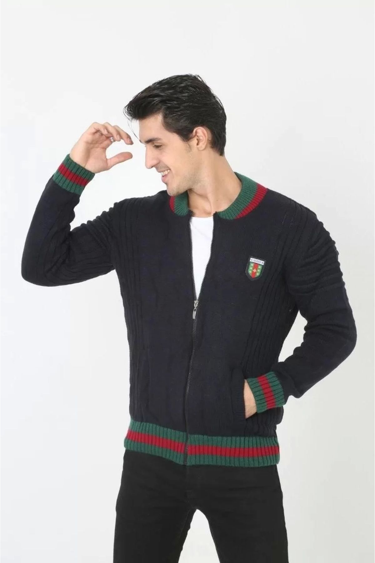 BÜŞRA TEZEL MODA Erkek Tam Fermuarlı Triko Hırka - Lacivert