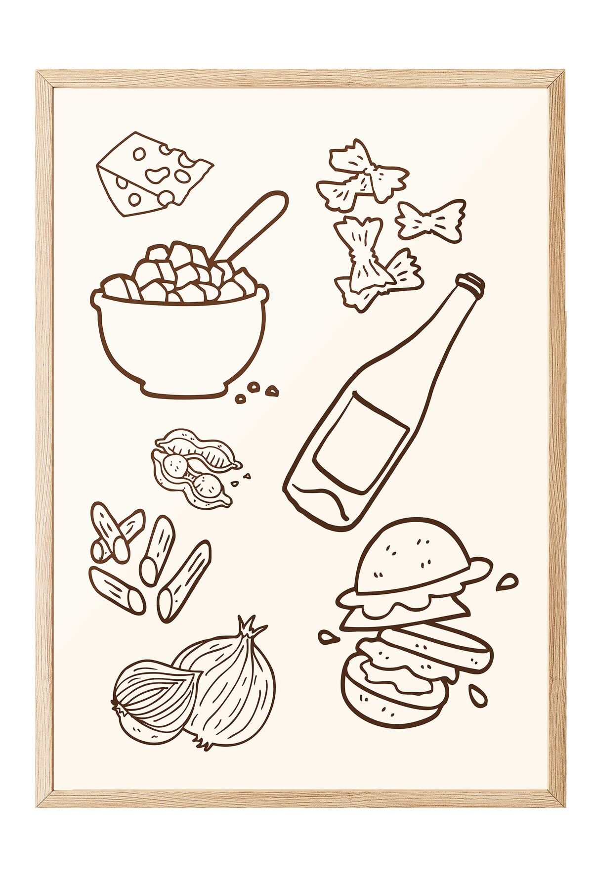 Postifull Ahşap Çerçeveli Tablo, Peynir, Şişe, Burger, illüstrasyon, Minimalist, Kahverengi, Bej Renk Poster,
