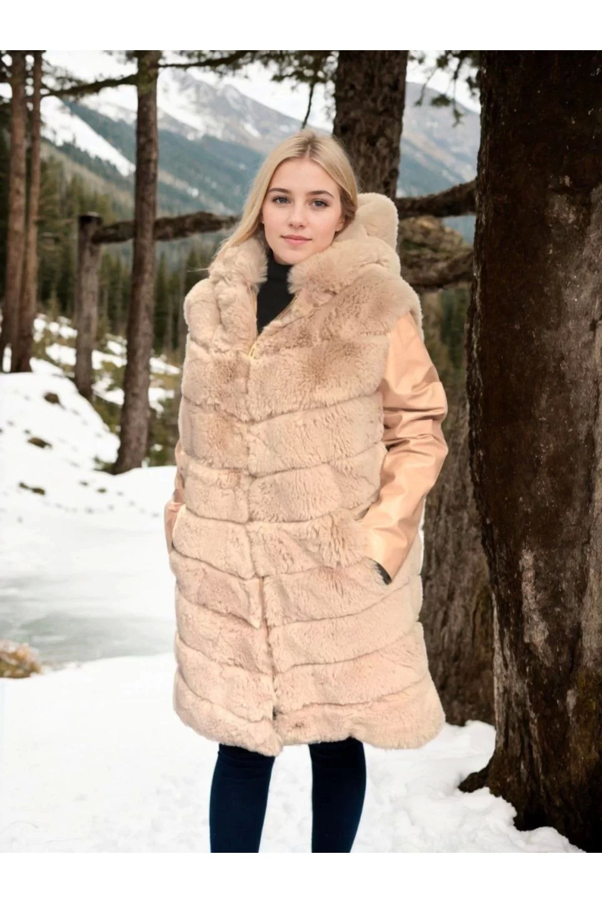 BÜŞRA TEZEL MODA Kadın Suni Kürk Hakiki Deri - Somon