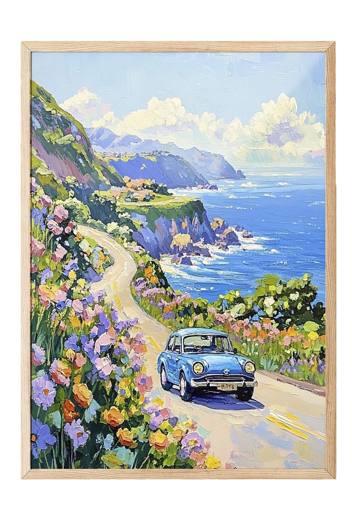 Postifull Ahşap Çerçeveli Tablo, Araba, Çiçek, Yol, İzlenimci, Mavi, Pastel Tonlar Renk Poster, 2025 Yaz Seçki