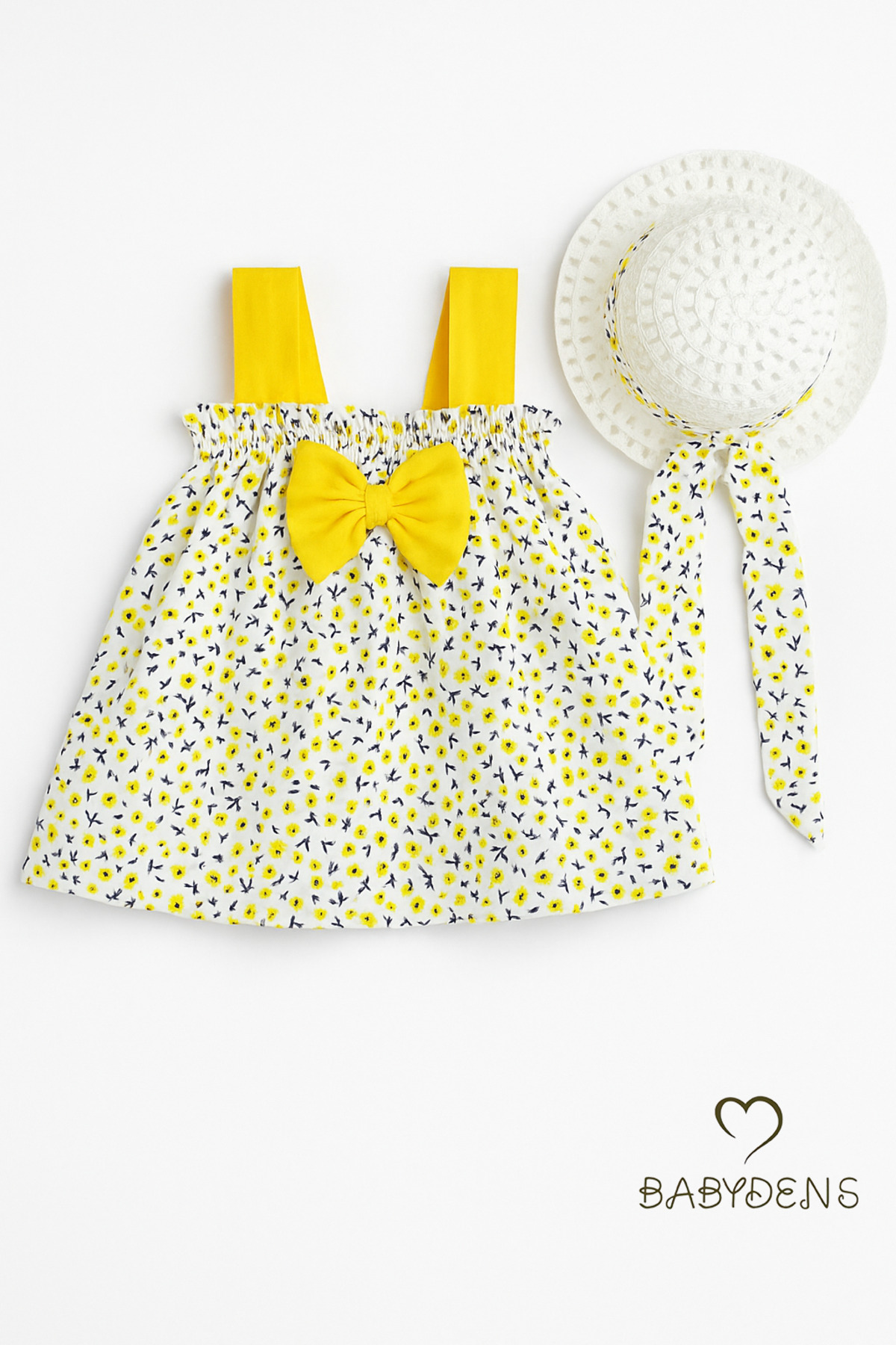 BABYDEN'S Kız Bebek Çiçek Desenli Fiyonklu Yazlık Elbise Şapkalı Takım Pamuklu Sarı Çiçekli Bebek Kombini fotoğrafı 7 (önizleme)