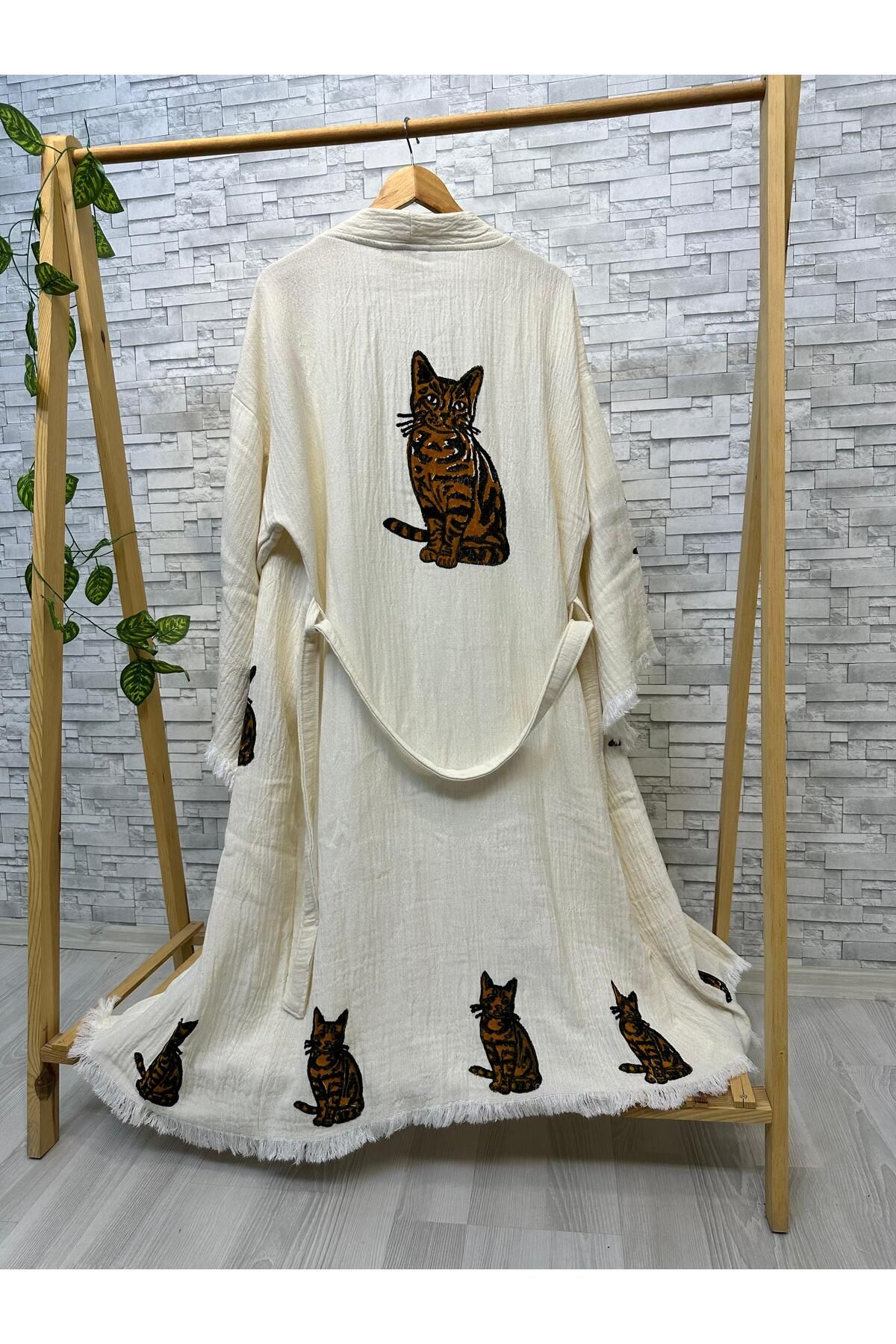 Befera Design Müslin Kimono %100 Pamuklu Kedi Baskılı Desenli Bornoz Kaftan Sabahlık