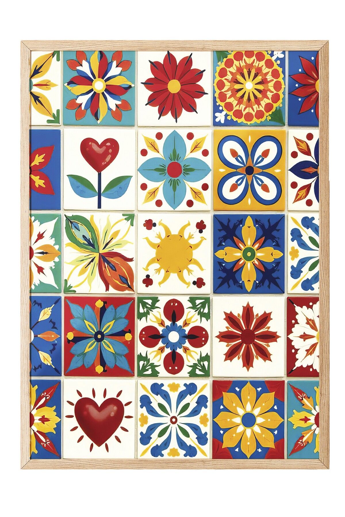 Postifull Ahşap Çerçeveli Poster Tablo, Karışık Renkli Kareler, İllüstrasyon, Maximalist, Kırmızı Renk Poster,