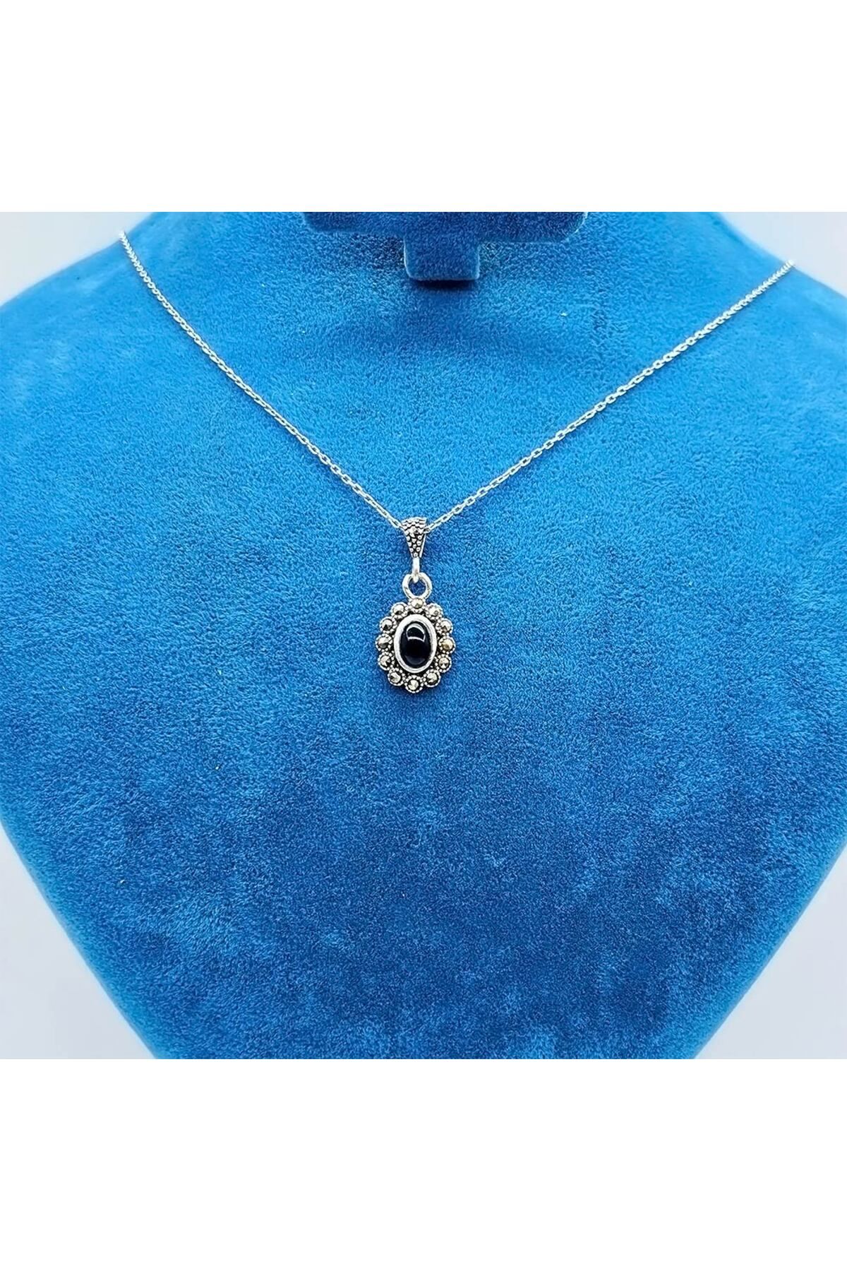 tesbihpasaji Zirkon Oltu Taşı İşçilikli 925 Ayar Gümüş Kolye