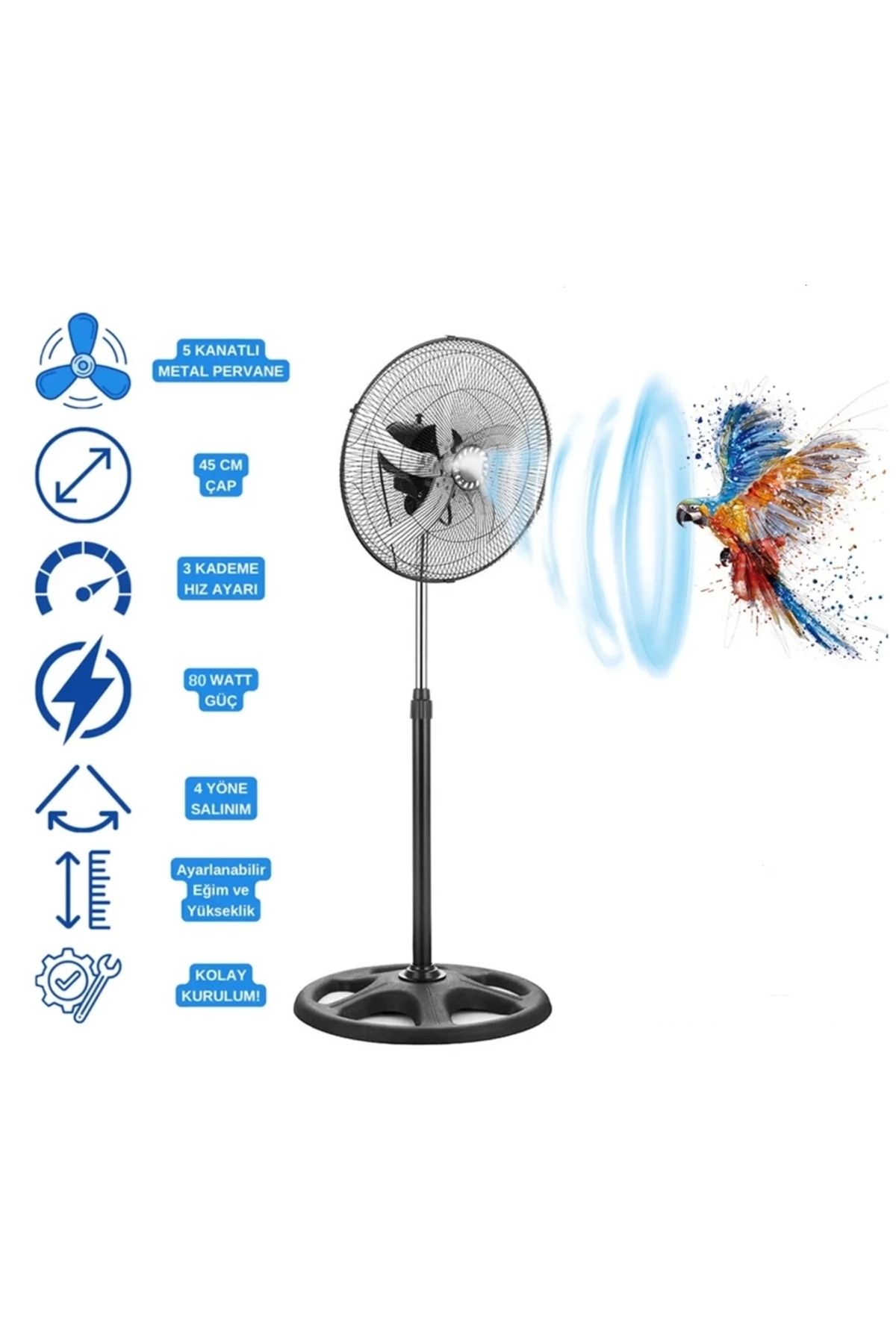 Vothoon 5 Metal Kanatlı Soğutucu Vantilatör pervane 3 Kademe Hız Kontrol 18"inch - 80w