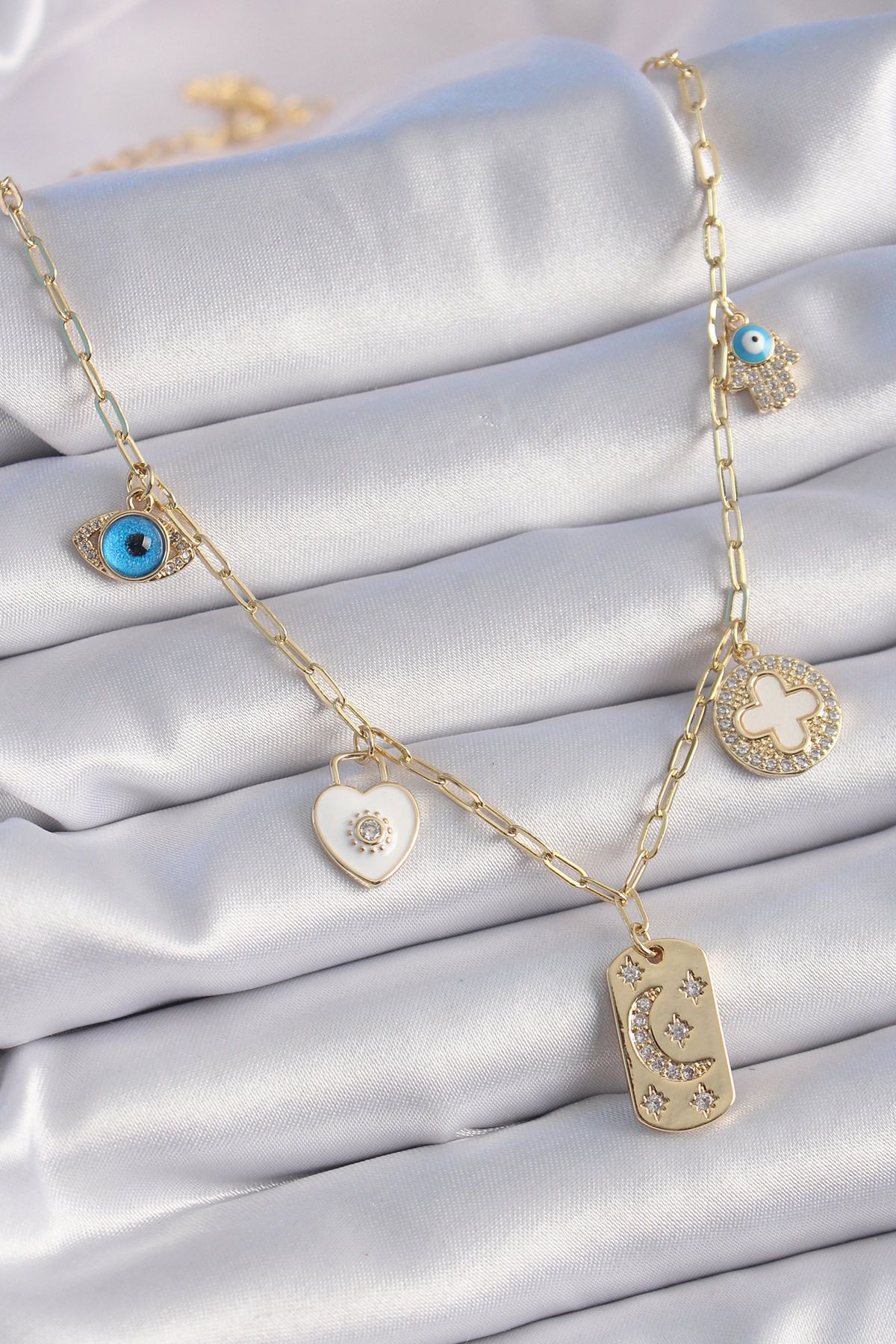 NEZADE STORE Gold Renk Zirkon Taşlı Çoklu Figür Model Şans Kolyesi