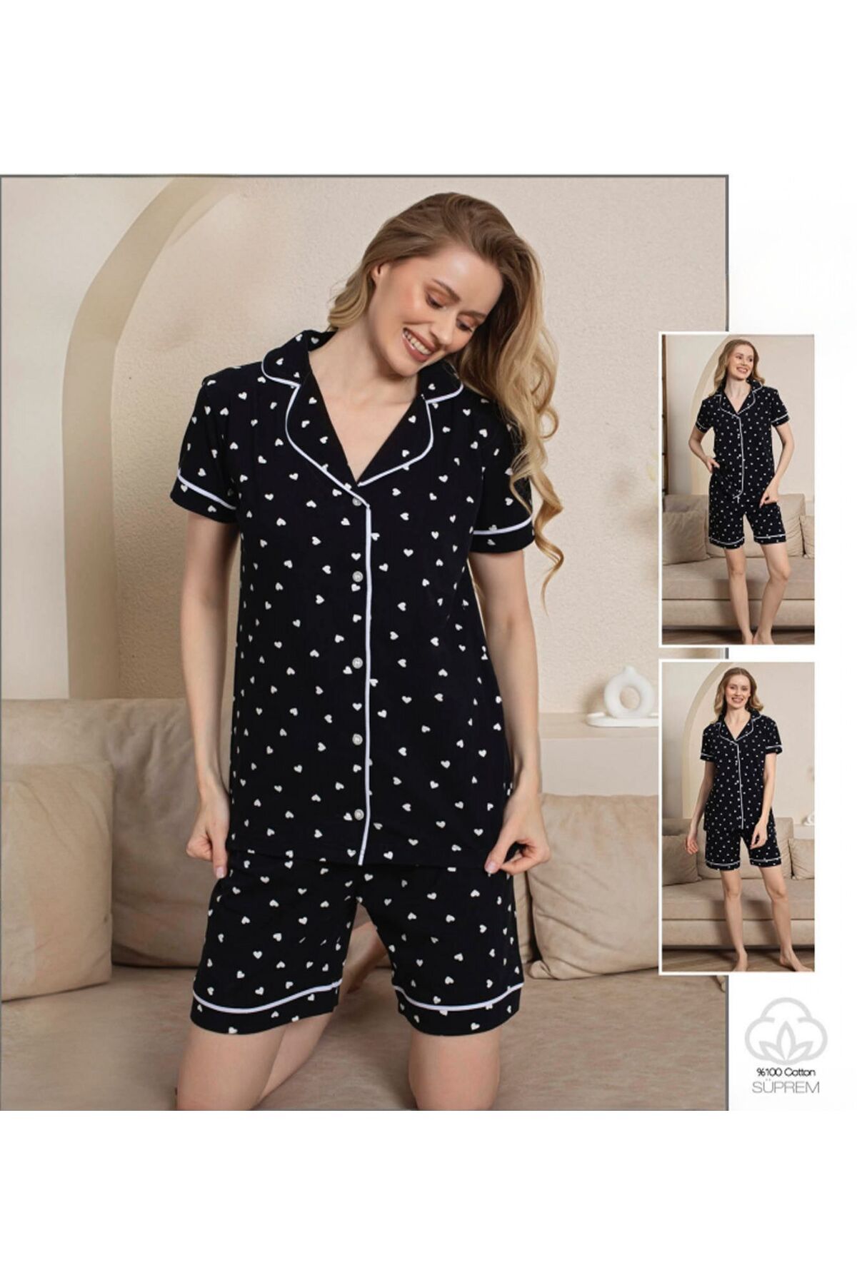 OMODAM Kadın Kısa Kol Düğmeli Şortlu Pijama Takım