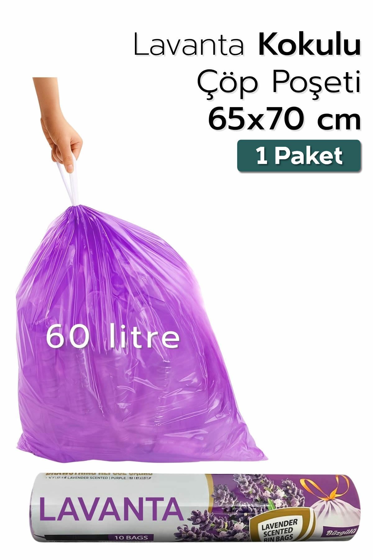 ARVALE Büyük Boy 65X70 Lavanta Kokulu Büzgülü Çöp Poşeti 10 Adet ( 1 PAKET ) Çöp Torbası 60 Litre