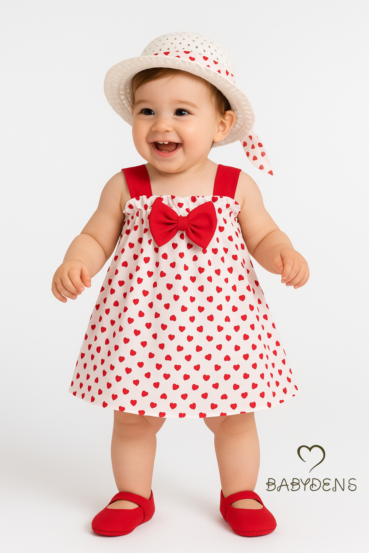 BABYDEN'S Kız Bebek Kalp Desenli Fiyonklu Yazlık Elbise Şapkalı Takım - Kırmızı Beyaz Pamuklu Bebek Elbisesi fotoğrafı 5 (önizleme)
