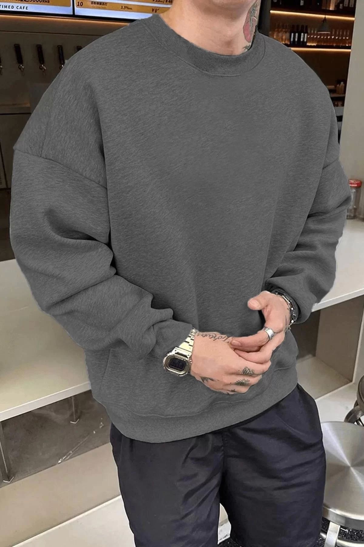 BÜŞRA TEZEL MODA Erkek Düz Bisiklet Yaka Sweat - Füme