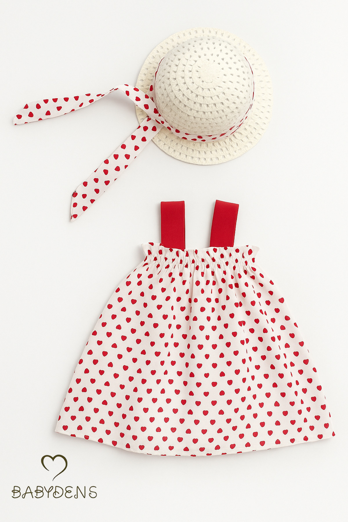 BABYDEN'S Kız Bebek Kalp Desenli Fiyonklu Yazlık Elbise Şapkalı Takım - Kırmızı Beyaz Pamuklu Bebek Elbisesi fotoğrafı 4 (önizleme)