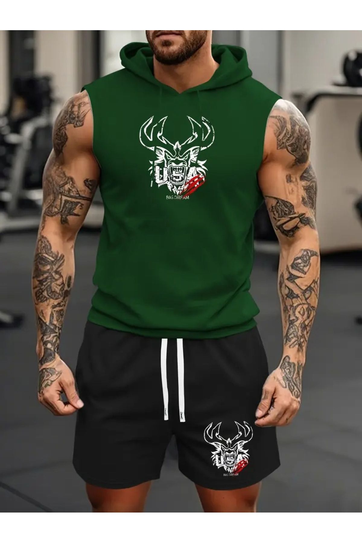 ACTIVE MODA -ERKEK GYM SPOR ATLET-ŞORT 2Lİ TAKIM PAMUKLU BASKILI