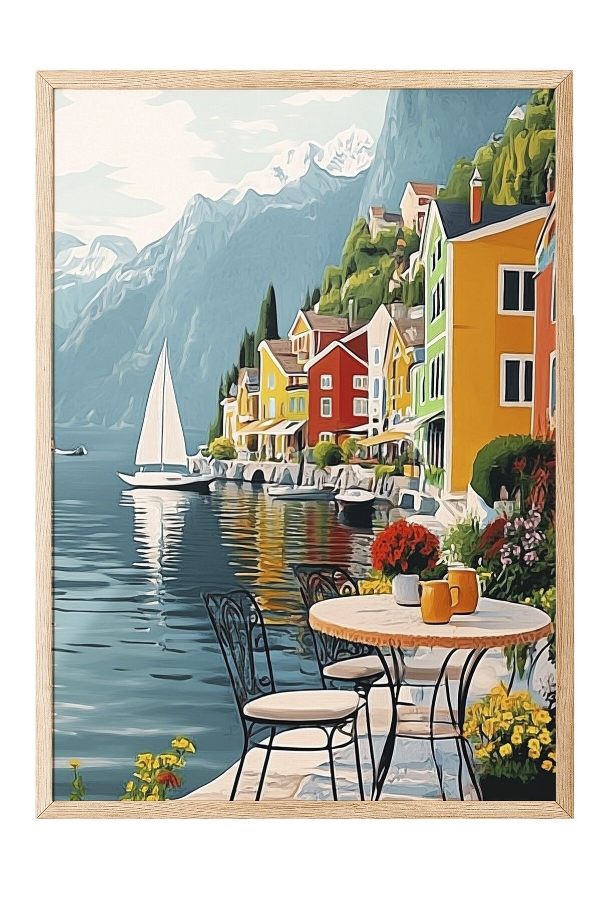 Postifull Ahşap Çerçeveli Tablo, Masa, Evler, Yelkenli, İzlenimci, Düz İllüstrasyon, Çok renkli, Mavi Renk Pos