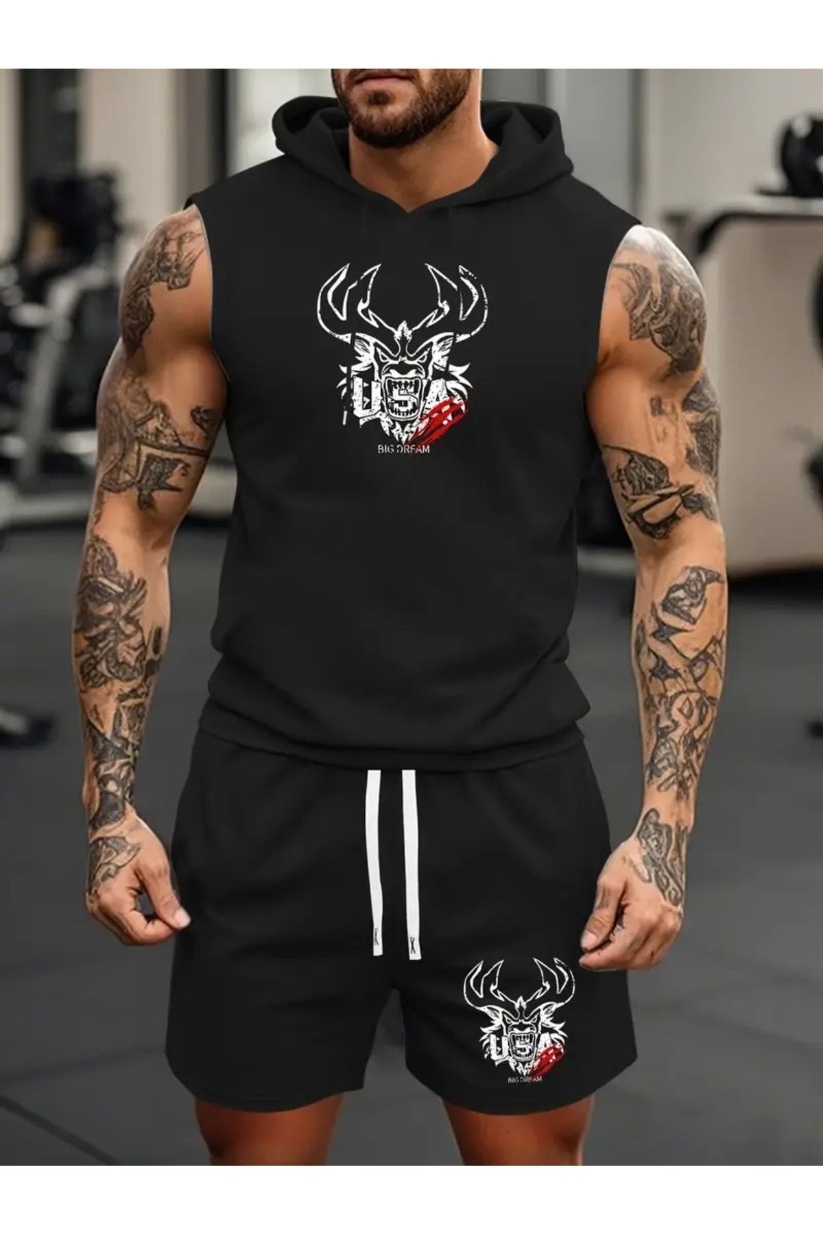 ACTIVE MODA -ERKEK GYM SPOR ATLET-ŞORT 2Lİ TAKIM PAMUKLU BASKILI
