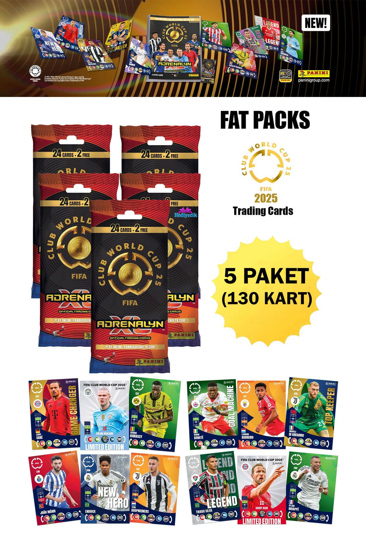 hediyecik Panini Fifa Club World Cup 2025 Fat Pack Tc Paket Futbolcu Kartları 5 Paket (130 Kart)