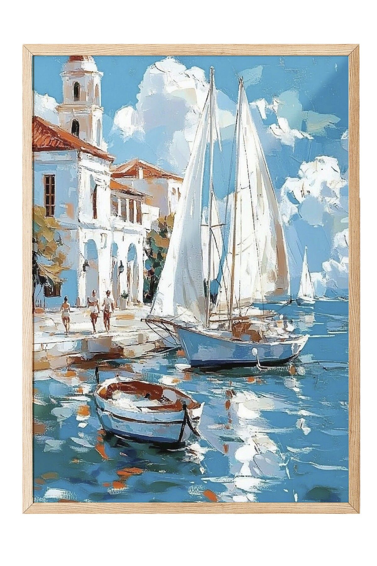Postifull Ahşap Çerçeveli Tablo, Tekneler, Bina, Su, İzlenimci, Mavi, Beyaz Renk Poster, 2025 Yaz Seçkisi, NO: