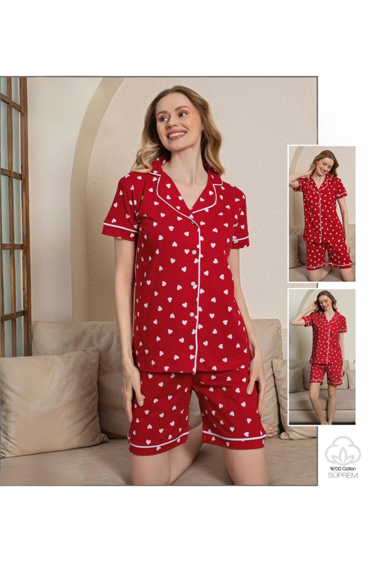 OMODAM Kadın Kısa Kol Düğmeli Şortlu Pijama Takım