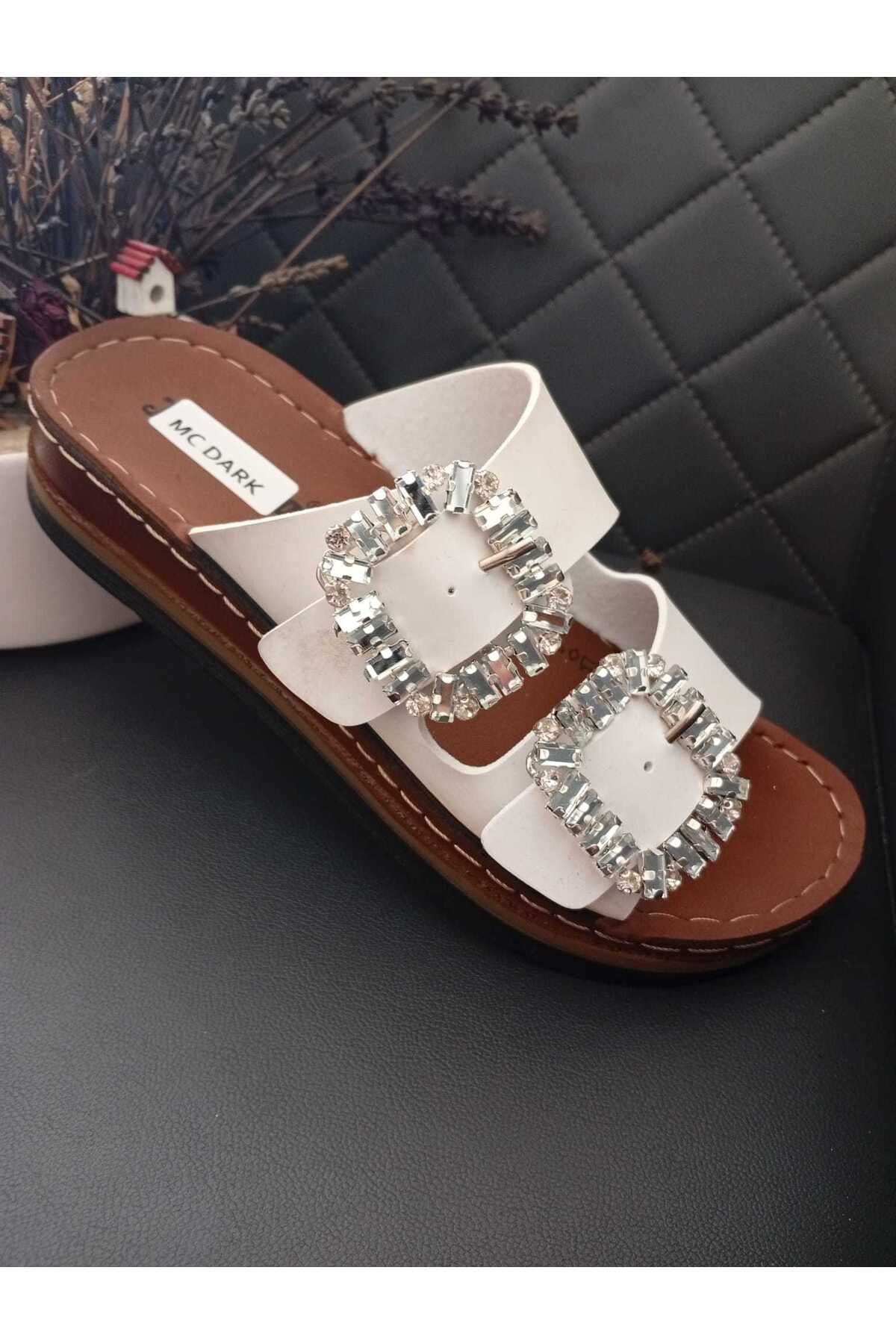 Moda Kadıköy KADIN BEYAZ DOLGU TOPUKLU ORTOPEDİK DİKİŞLİ TABAN TAŞLI TERLİK