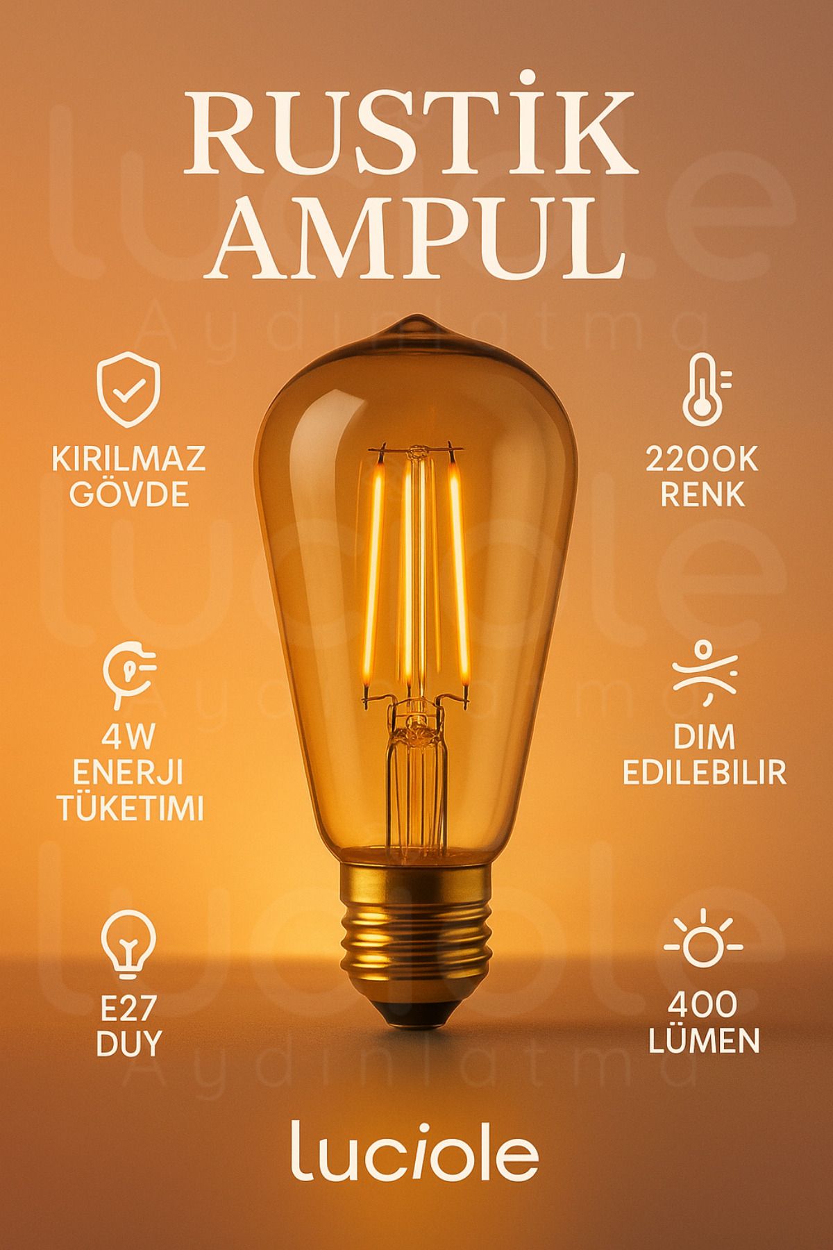 luciole Rustik LED Ampul – 4W, 2200K, E27 Duy, Dim Edilebilir, 400 Lümen – Dekoratif Vintage Işık
