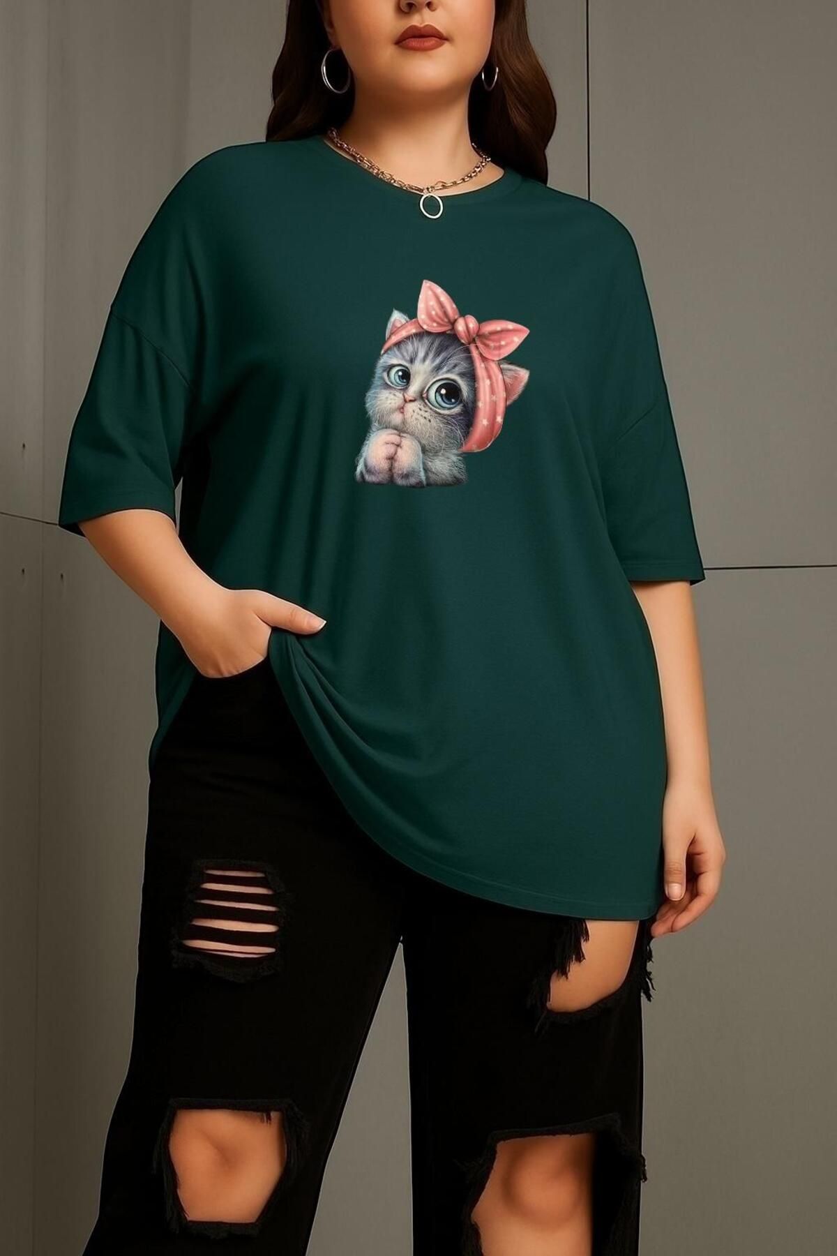 BENROMA BÜYÜK BEDEN MİNNOŞ KEDİ BASKILI UNİSEX TİŞÖRT