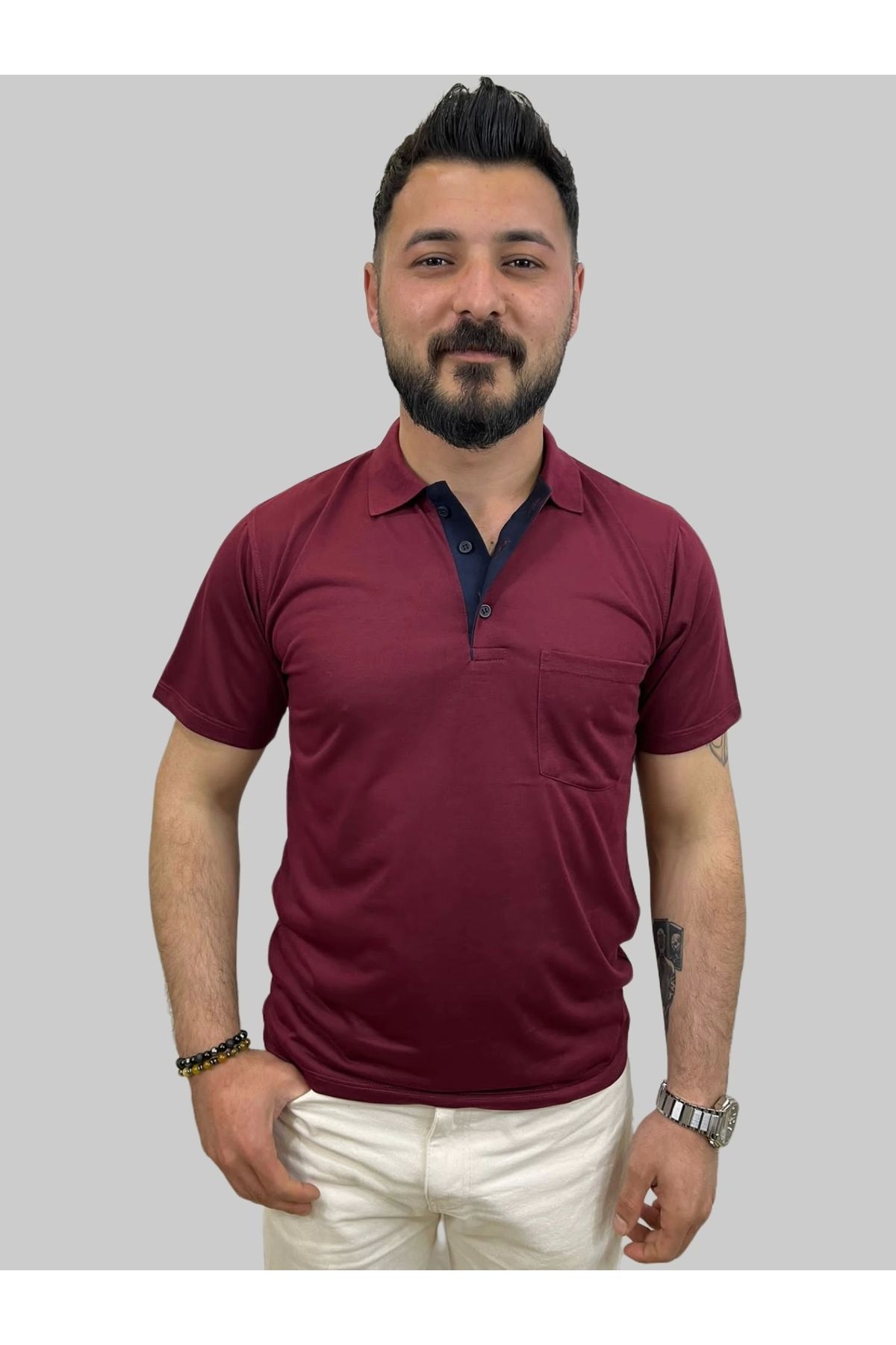 daniel milano Erkek Gnsn Düz Ringelli Polo Yaka Bordo Tişört