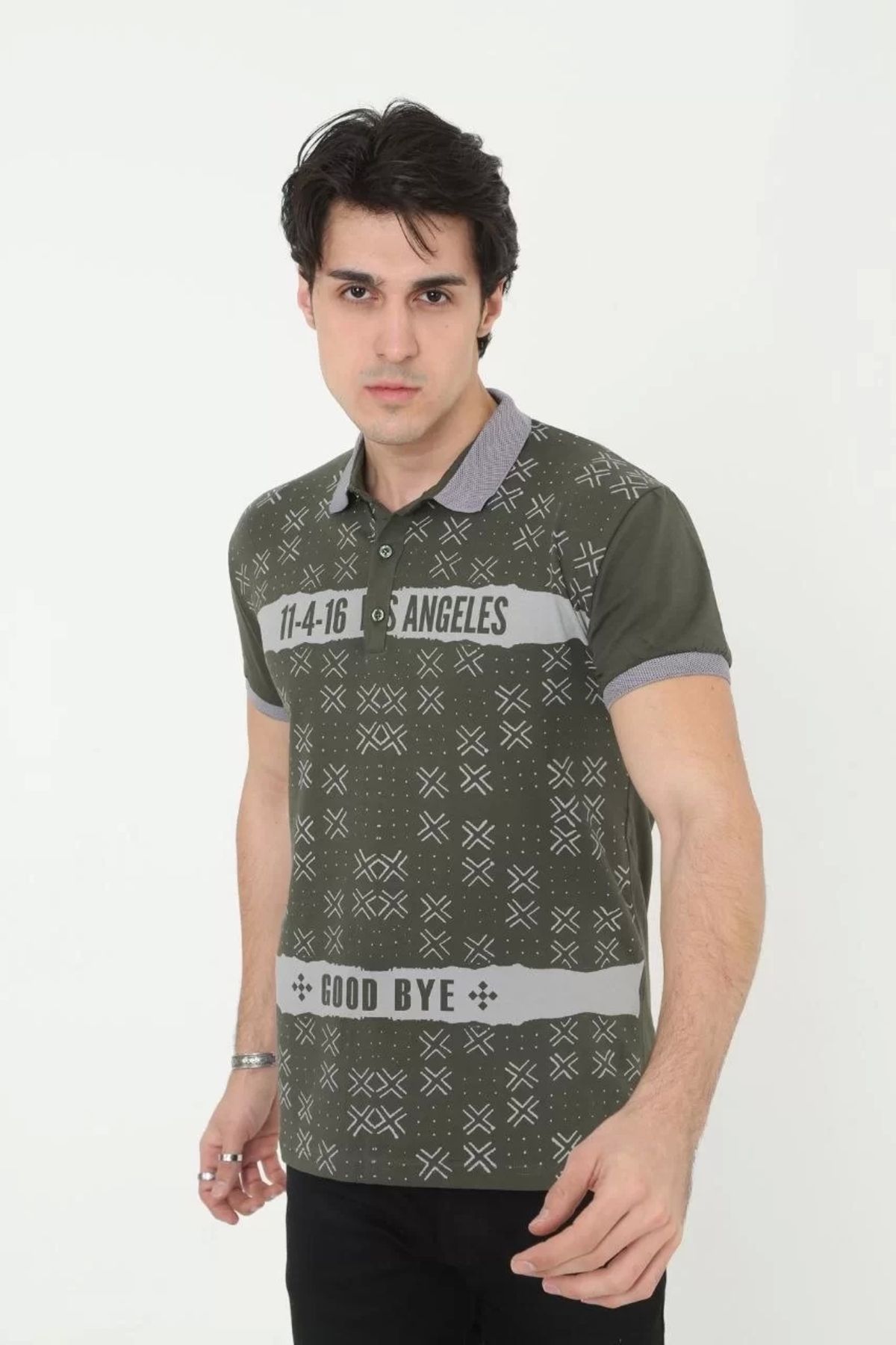 CanselButik Erkek Yakalı Slim Fit Baskılı T-Shirt - Haki