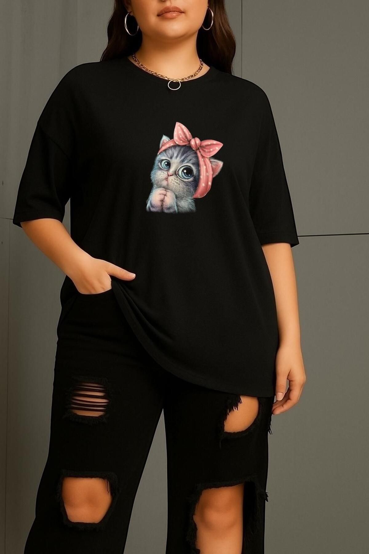 BENROMA BÜYÜK BEDEN MİNNOŞ KEDİ BASKILI UNİSEX TİŞÖRT