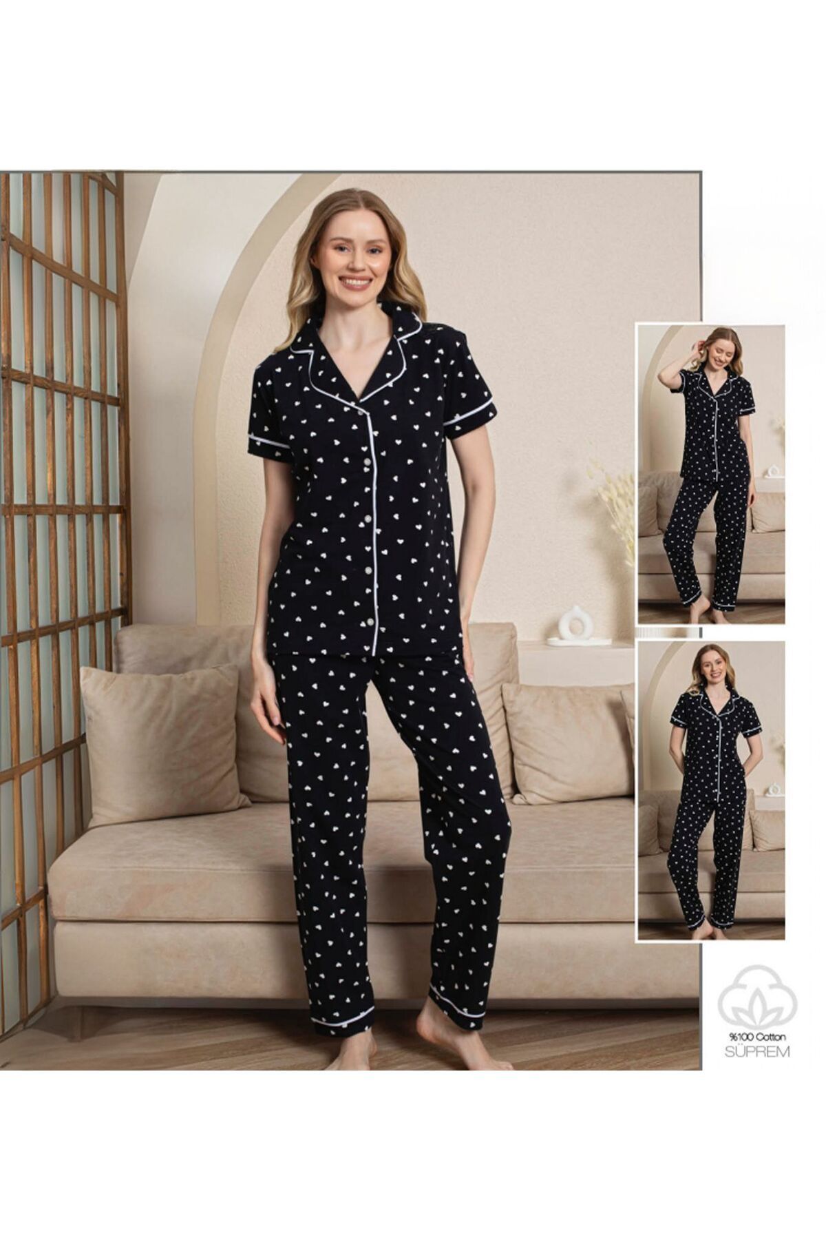 OMODAM Kadın Kısa Kol Düğmeli Pijama Takımı
