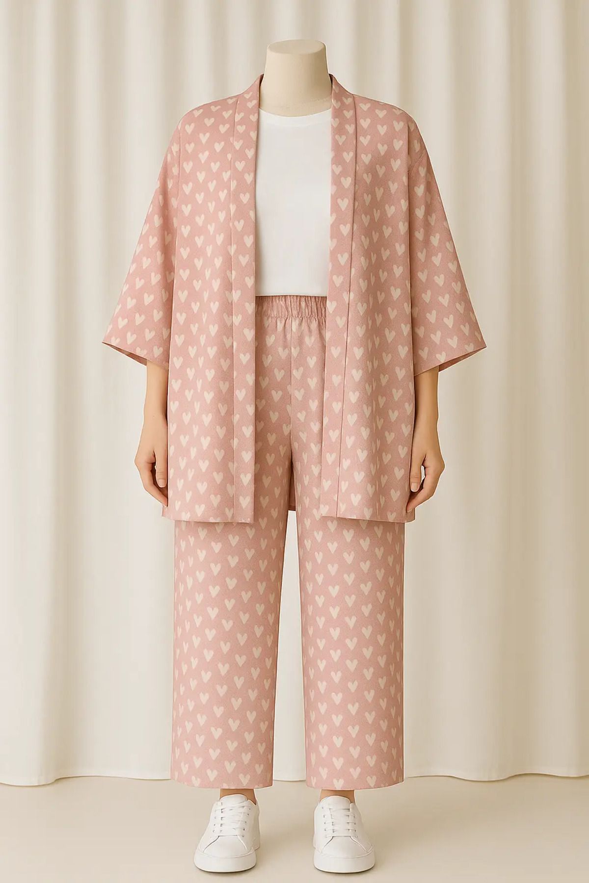 MODA Şık Zarif Standart Pembe Kalp Detaylı Ikili Kimono Takımı