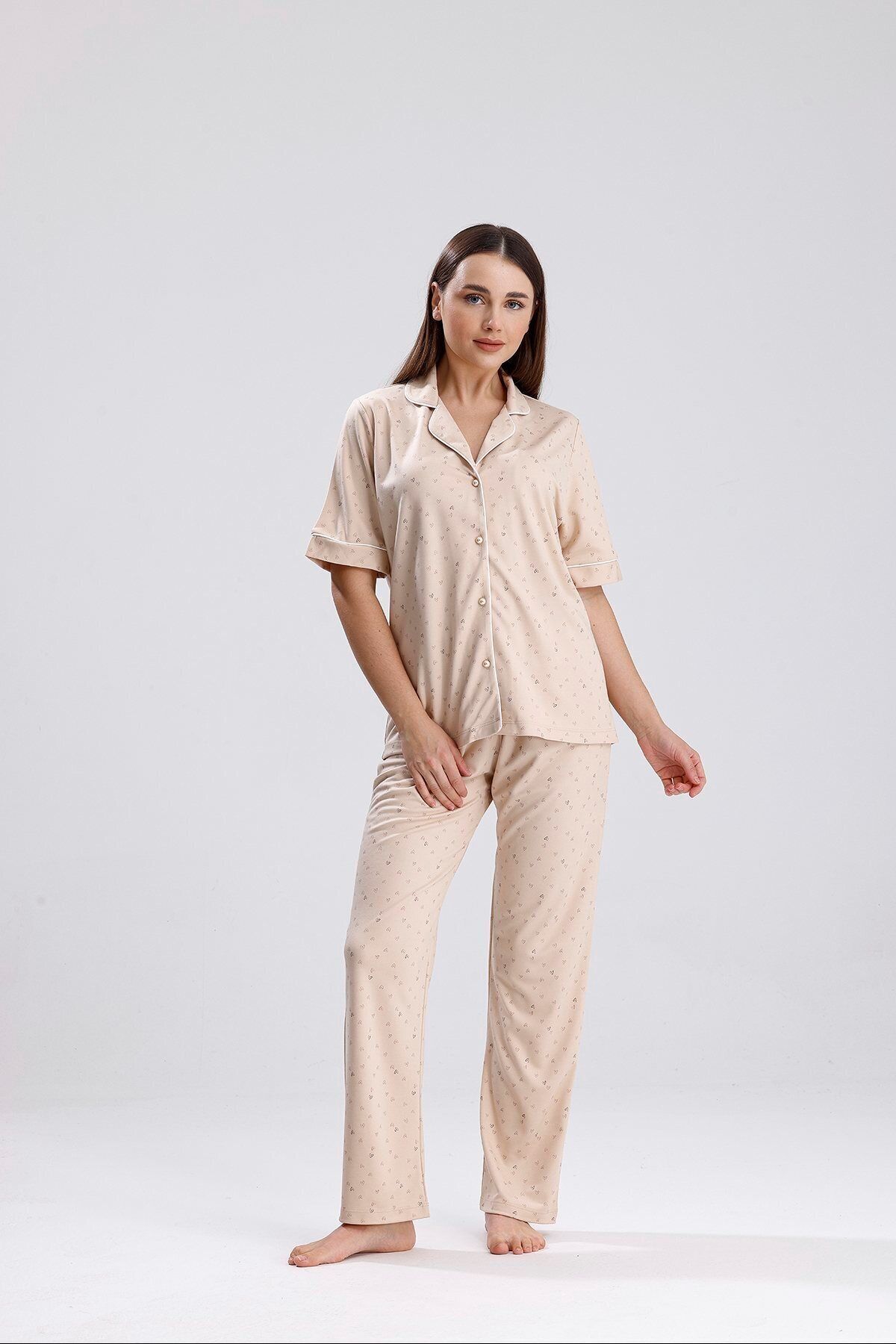 Espuar 772 Kadın Önden Düğmeli Kalp Desenli Pijama Takımı
