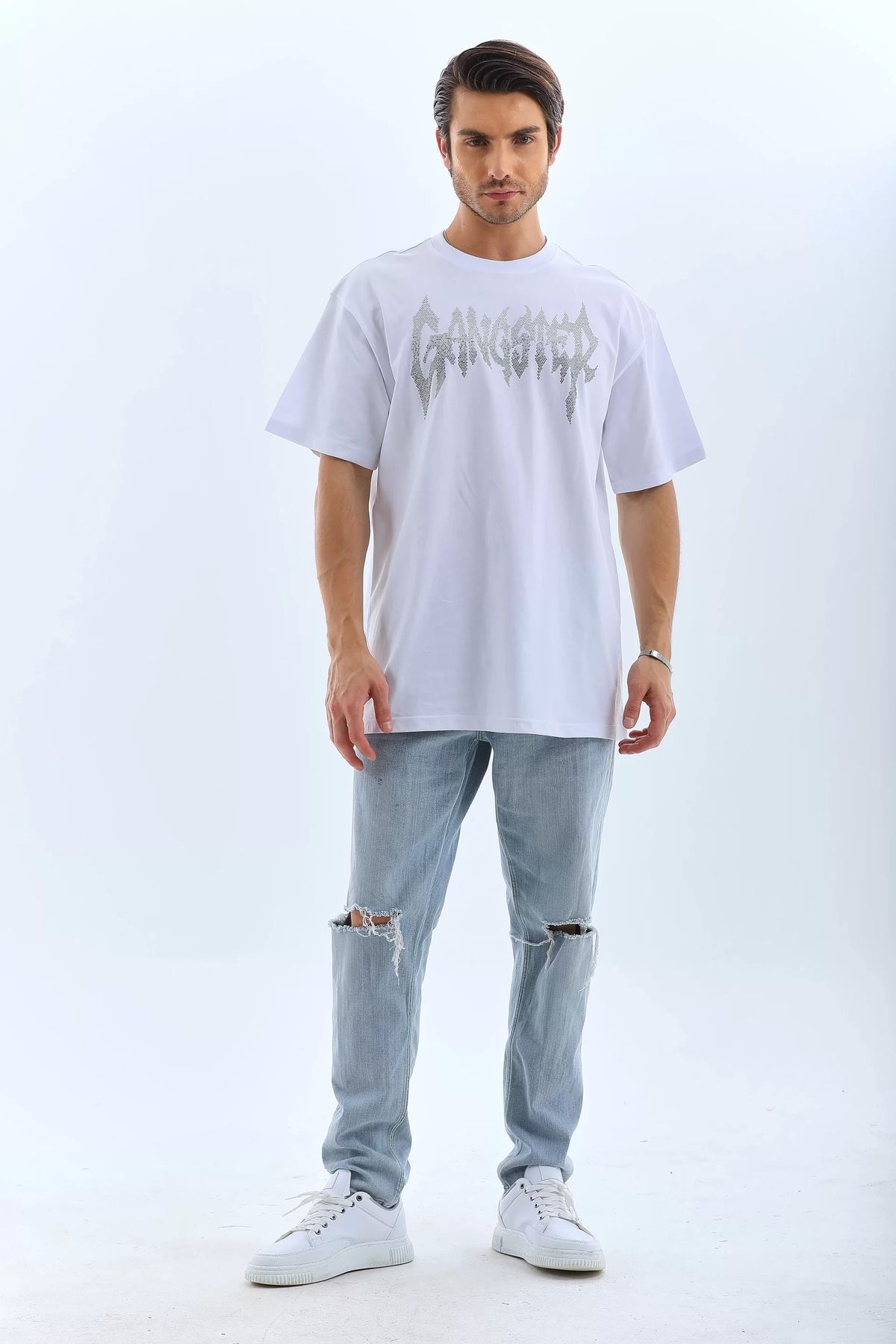CanselButik Unisex Oversize Taşlı Bisiklet Yaka T-Shirt - Beyaz