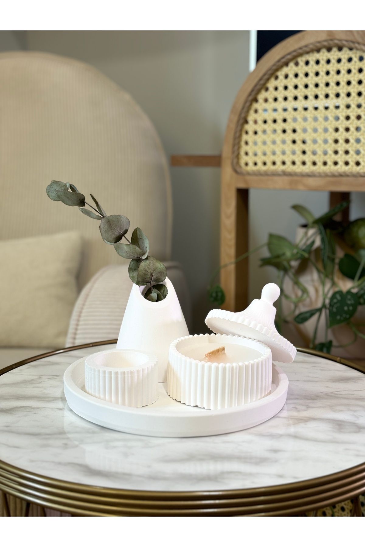 Home Beyaz Özel Tasarım Konik Ağızlı Vazo Ve Mum Aksesuar Seti