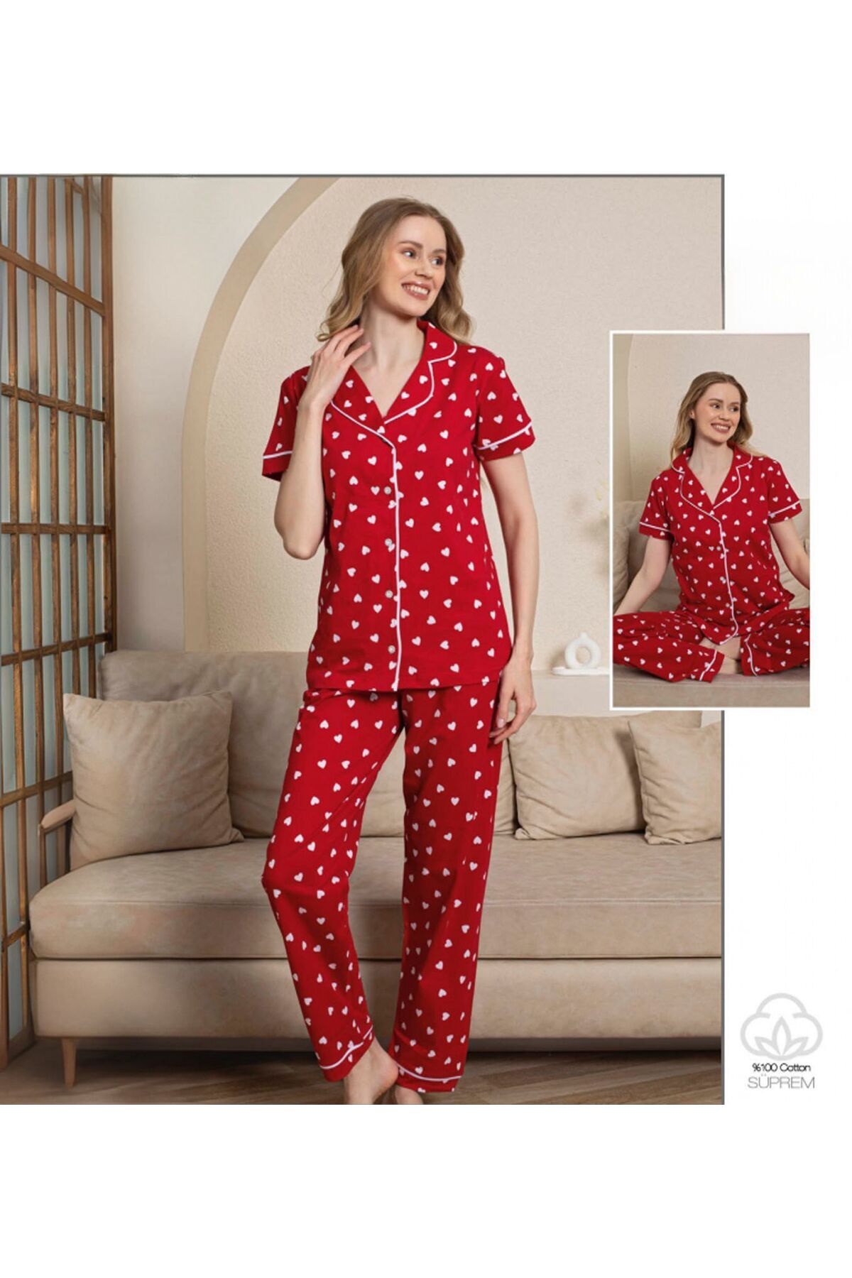 OMODAM Kadın Kısa Kol Düğmeli Pijama Takımı