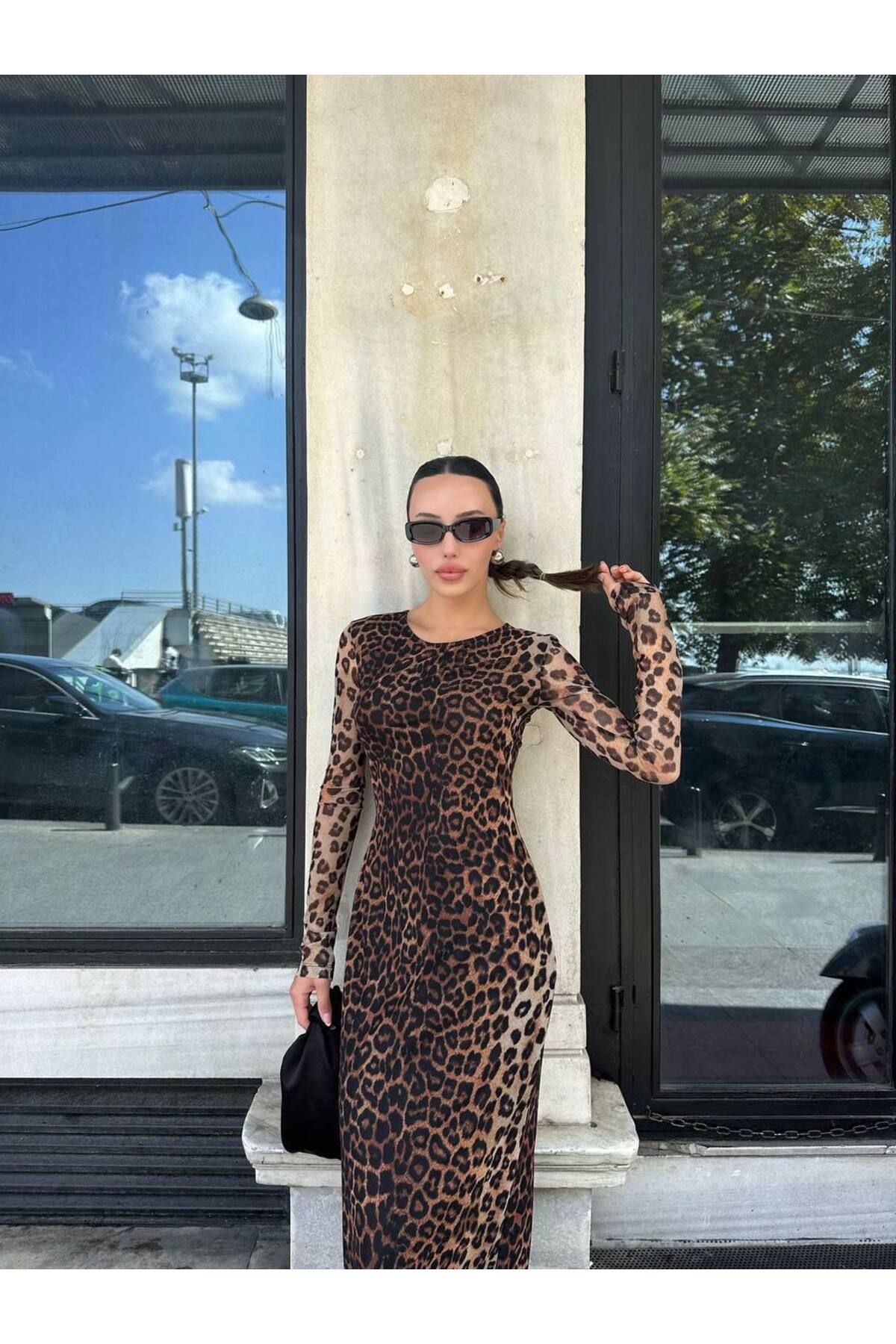 Hotfashion Uzun Kollu Leopar Tül Elbise