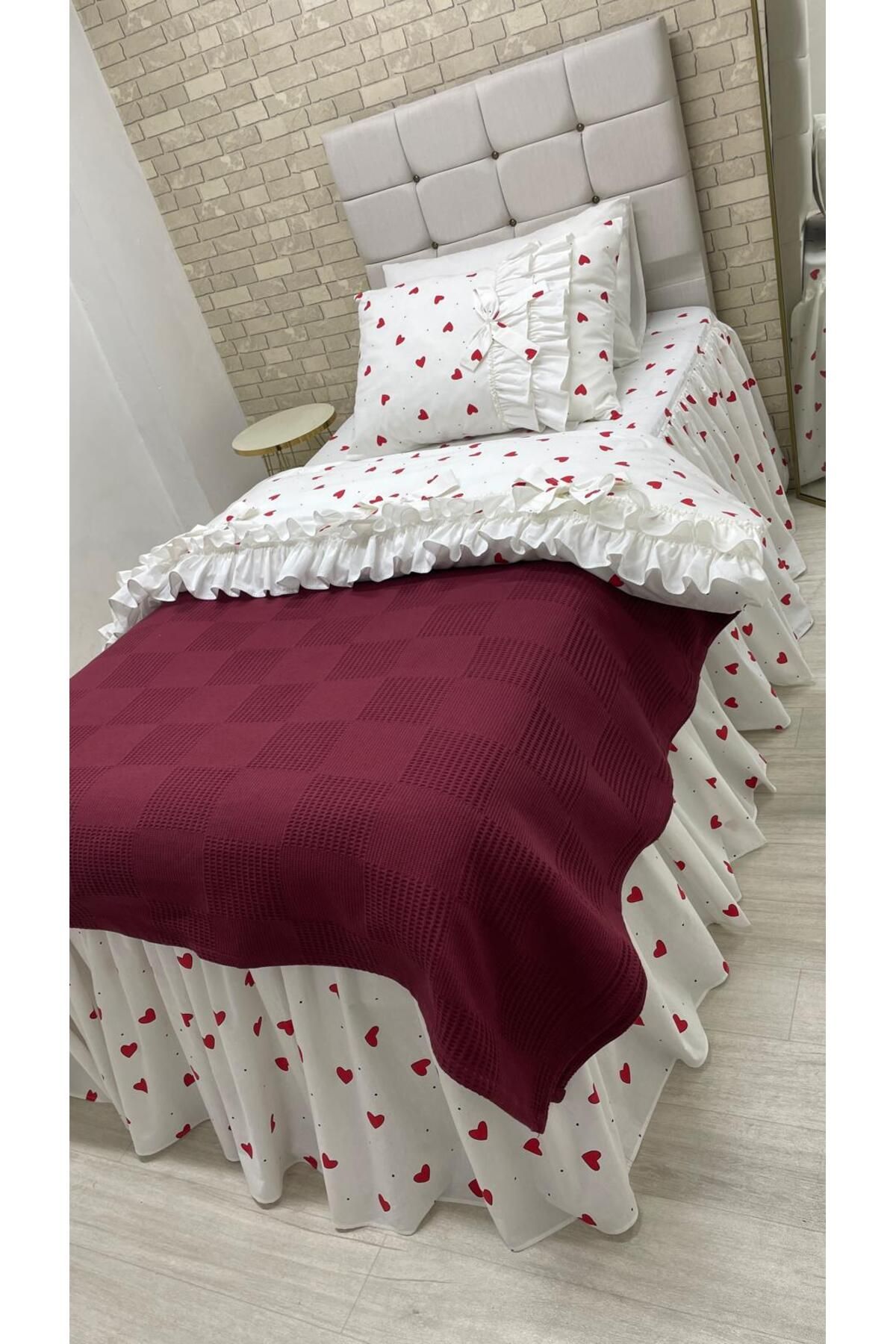 AHSEN TASARIM tek kişilik fırfırlı etekli lastikli çarşaf 90x190 cm yorgan kılıfı takımı ve pikesi