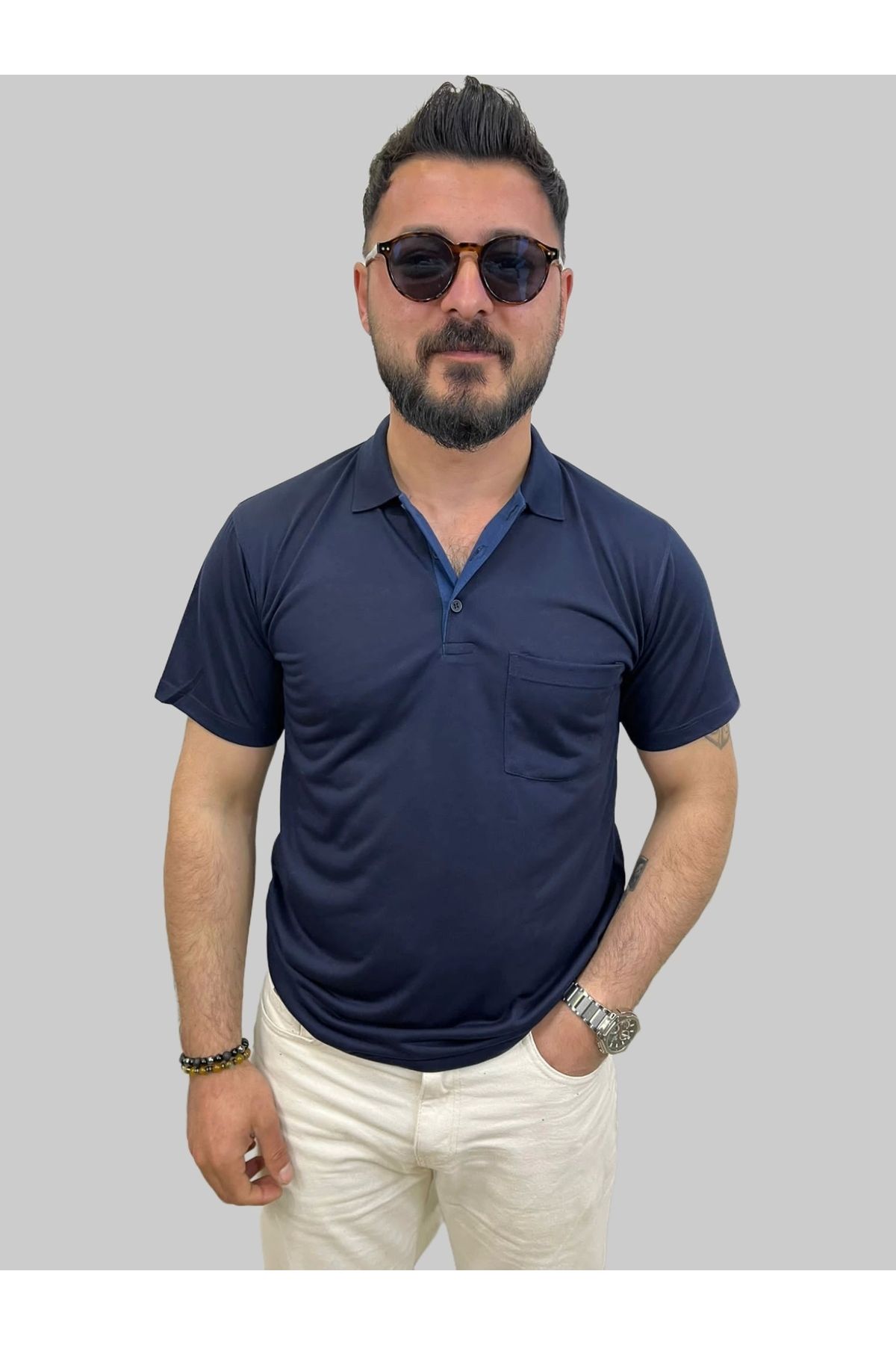 daniel milano Erkek Gnsn Düz Ringelli Polo Yaka Lacivert Tişört
