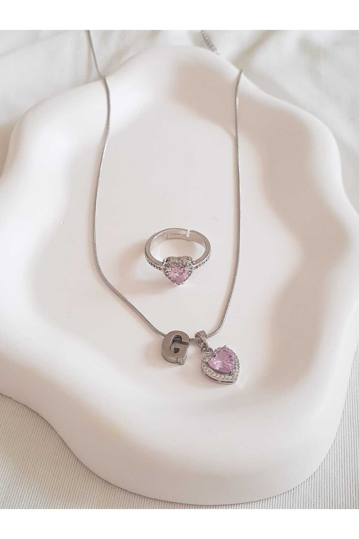 bijoux uniques Çelik G Harfli Pembe Kalpli Kolye&Yüzük Seti