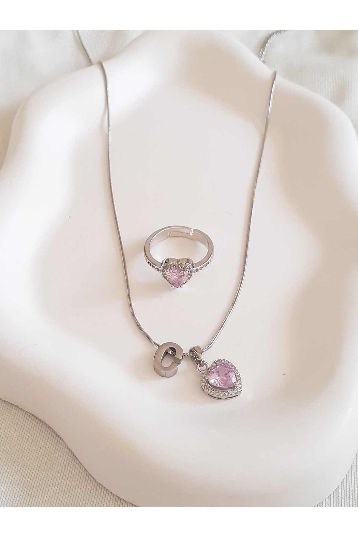 bijoux uniques Çelik C Harfli Pembe Kalpli Kolye&Yüzük Seti