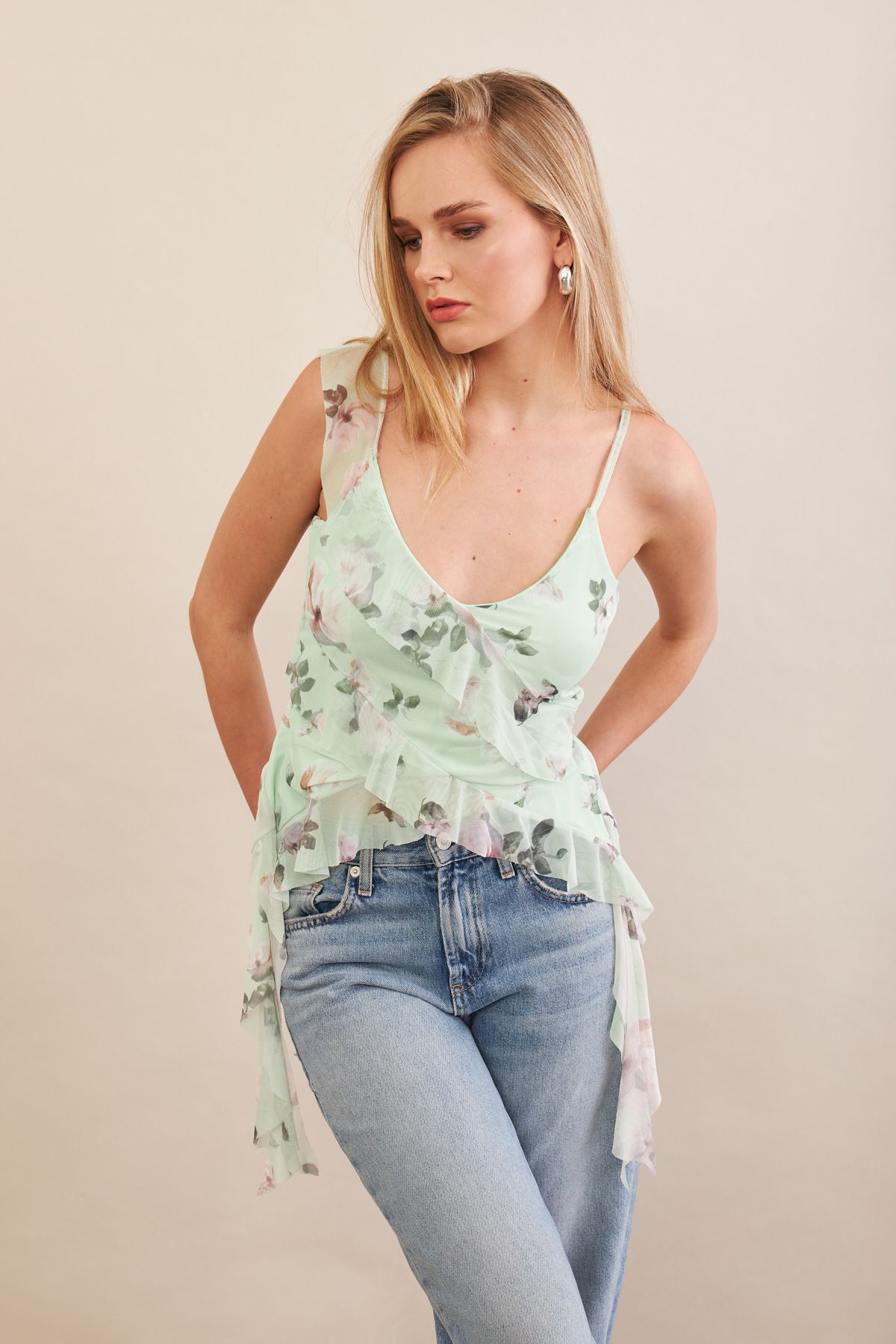 Cool & Sexy Kadın Mint Desenli Fırfırlı Şifon Bluz FS033