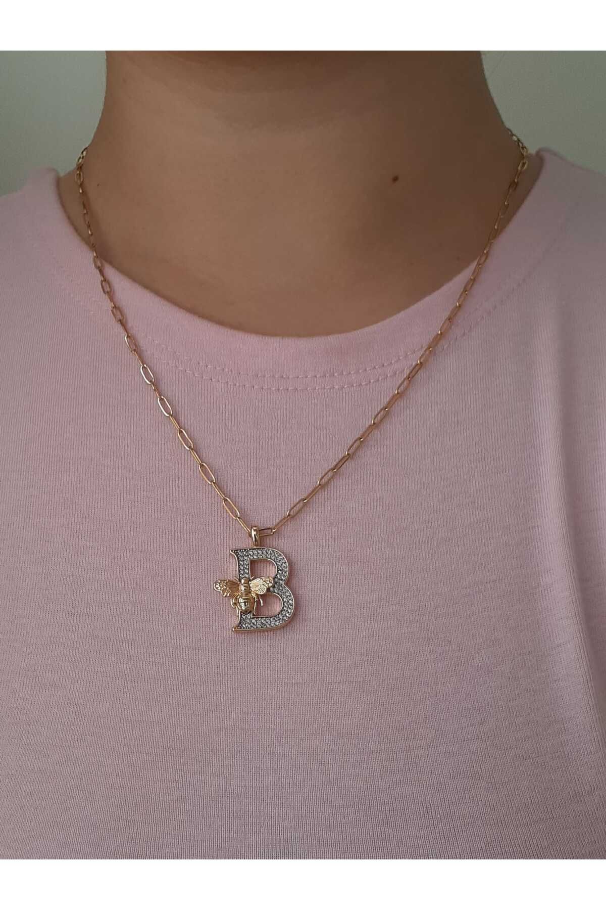 bijoux uniques B Harfli Arı Figürlü Çelik Kolye