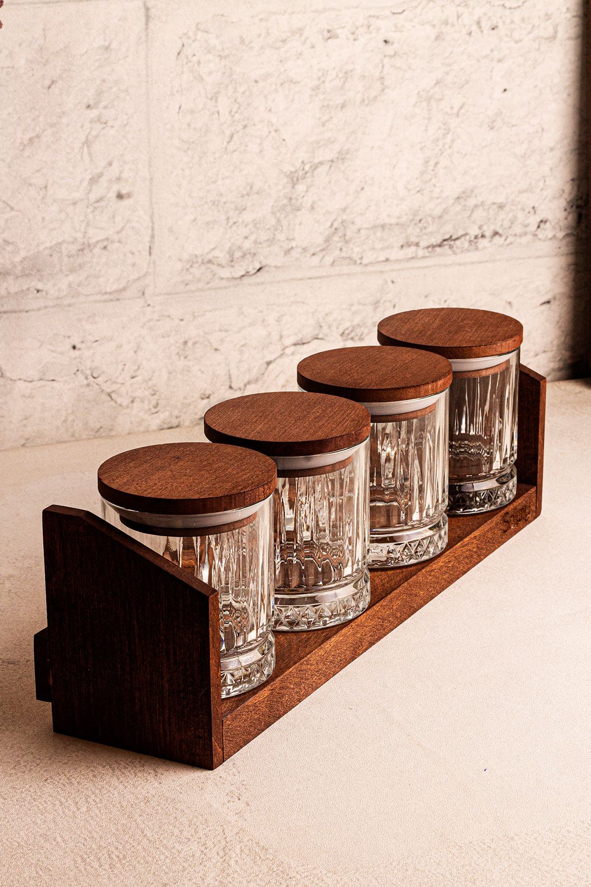 Snippy-Mira Small - Set of 4 Vacuum Wooden Lid Glass Spice Jar Set with Stand Storage Container Set 210 ml 4