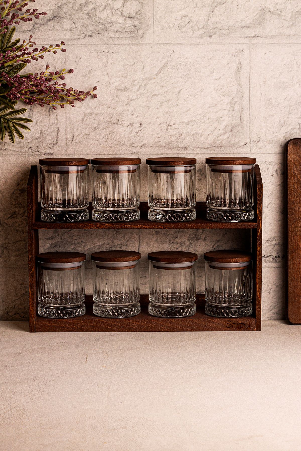 Snippy-Mira Small - Set of 8 Vacuum Wooden Lid Glass Spice Jar Set with Stand Storage Container Set 210 ml 3
