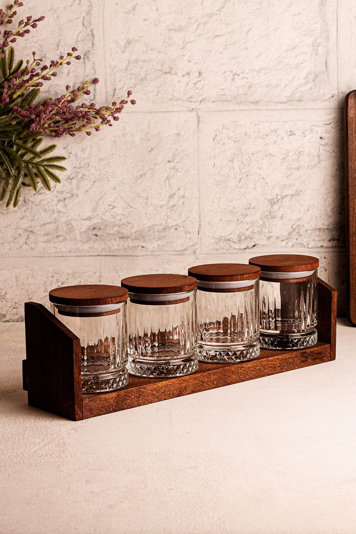 Snippy-Mira Small - Set of 4 Vacuum Wooden Lid Glass Spice Jar Set with Stand Storage Container Set 210 ml 5